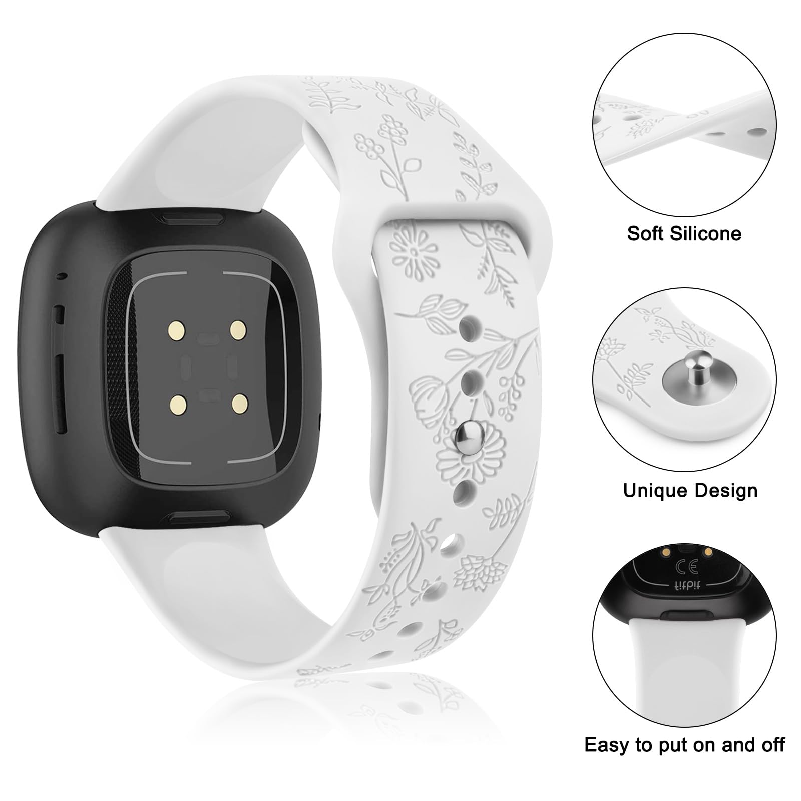 Vancle Flower Engraved Replacement Bands for Fitbit Versa 4/3 & Sense 2/Sense - Soft Silicone Watch Strap Compatible with Women & Men - Perfect for Workouts, Daily Wear and Fashion Accessories
