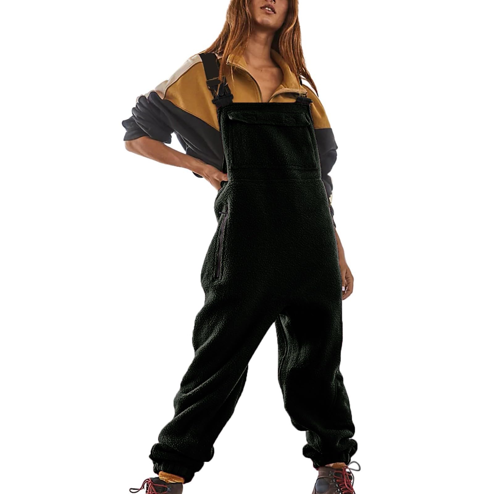 Women's Fleece Overalls Winter Warm Fuzzy Jumpsuit with Pockets - One Piece Fluffy Snow Bibs Adjustable Strap Snowsuit for Outdoor Activities, Skiing, Snowboarding & Casual Winter Wear