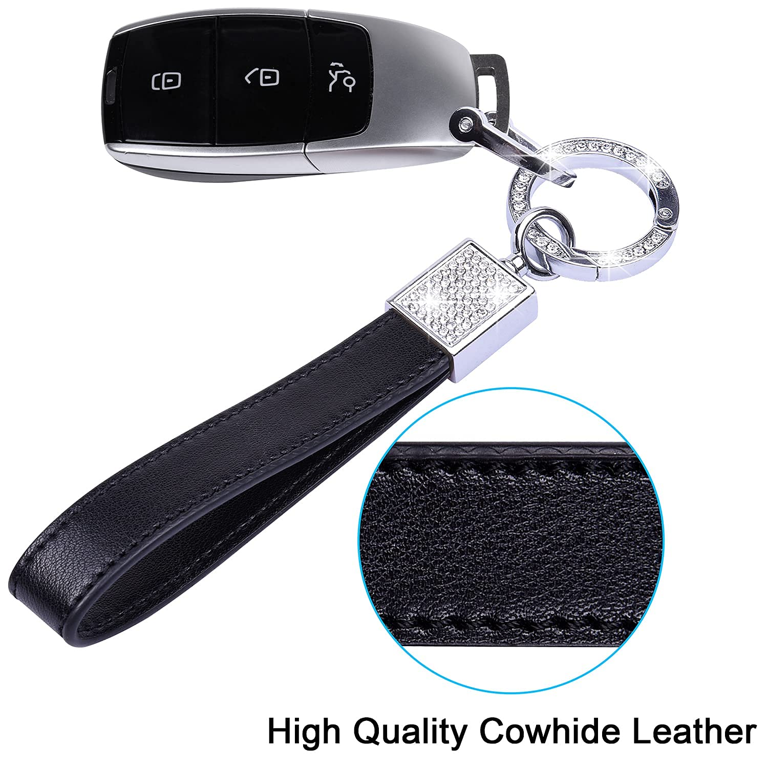 Premium Bling Leather Car Keychain for Women - Universal Genuine Leather Key FOB with Anti-Lost D-Ring & 2 Keyrings (Black) | Perfect Gift for Car Owners, Great for Key Organization & Style Enhancement