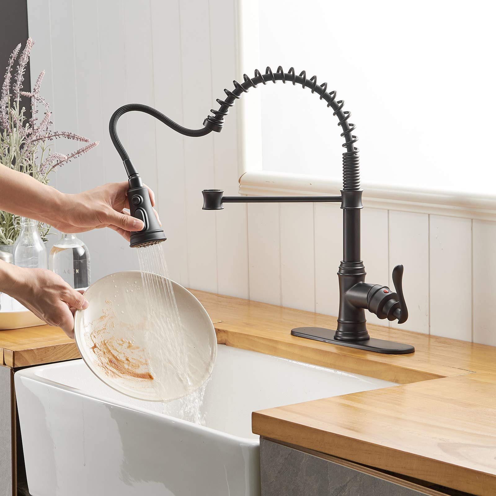BWE Matte Black High Arc Single Handle Pull Down Kitchen Faucet with Deck Plate - 3 Function Sprayer Spring for Farmhouse, Commercial & Bar Sinks - Perfect for Modern Kitchens, Restaurants & Coffee Shops
