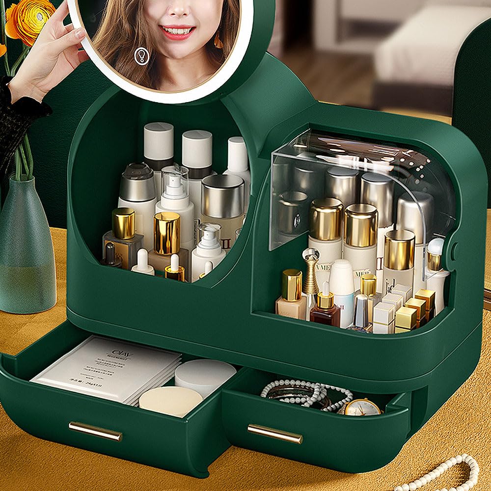 Large Capacity Cosmetic Storage Display Case with LED Mirror - Waterproof Makeup Organizer for Bathroom Counter, Dresser & Vanity | Perfect for Countertop Organization & Beauty Storage