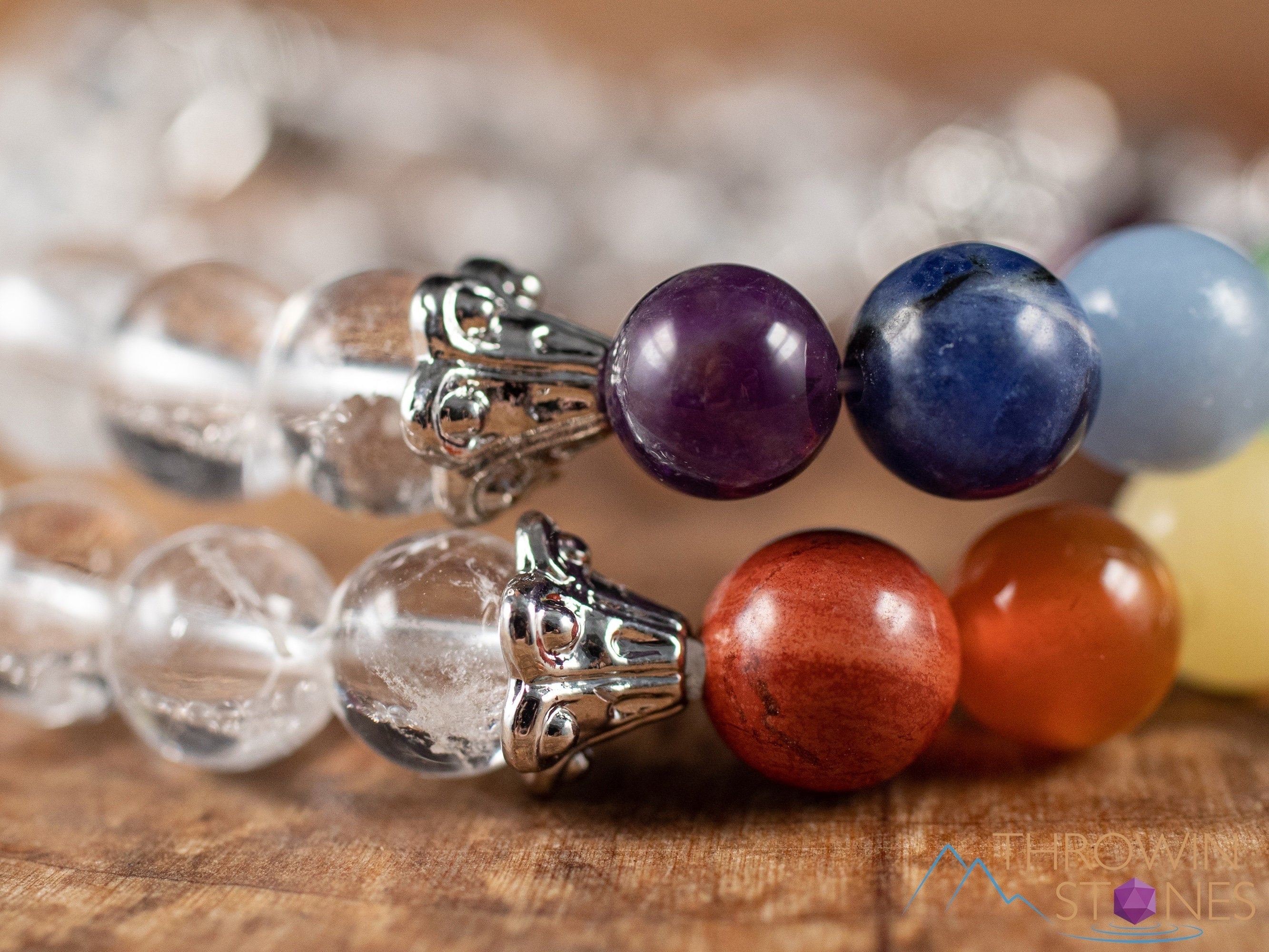 Chakra & Clear Quartz Crystal Bracelet - Round Beads Handmade Healing Jewelry for Meditation, Yoga & Energy Balancing | E1967