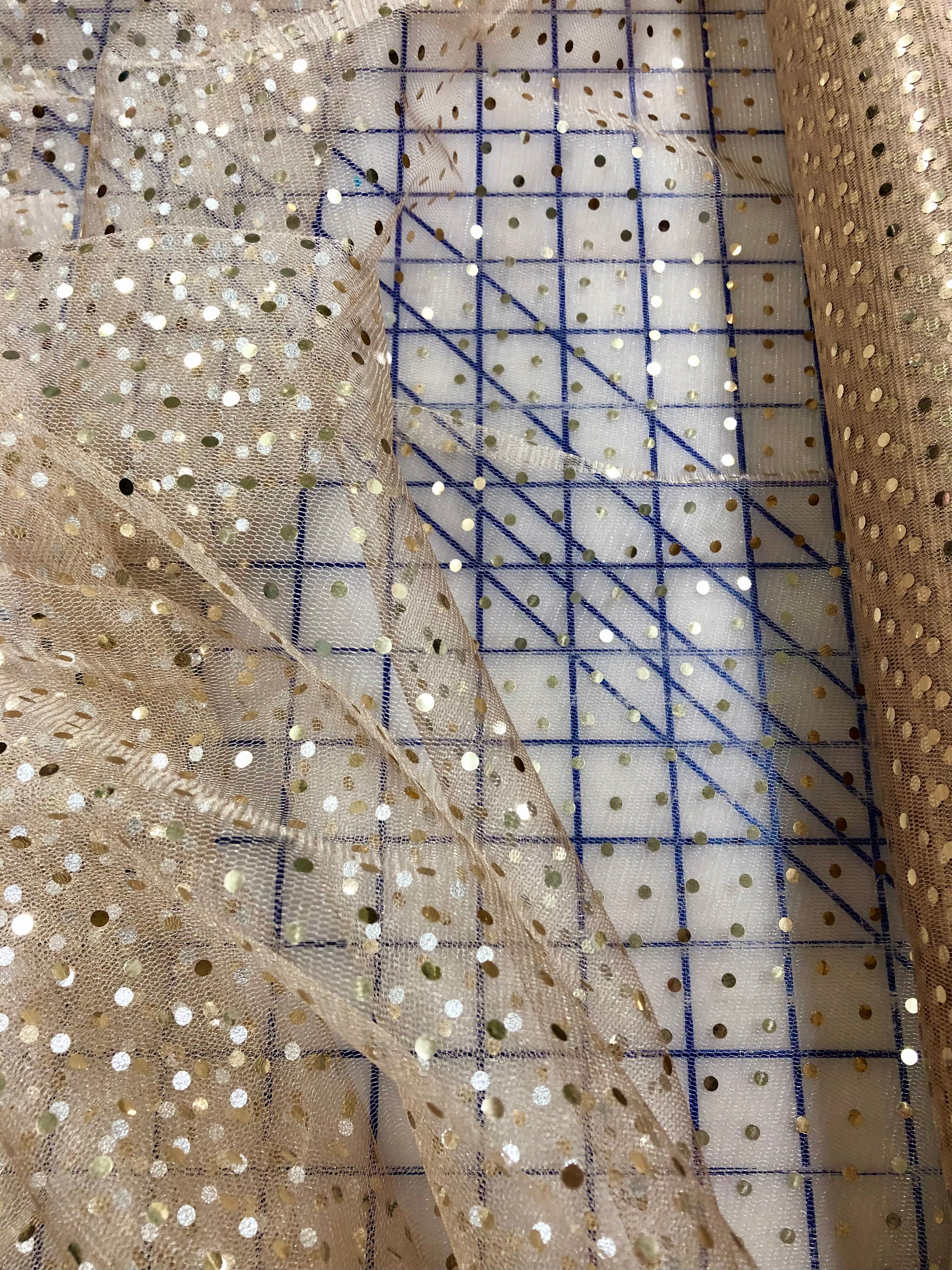 Hologram Dot Tulle Fabric - 58/60 Inches Wide Beige with Gold Dots - Perfect for Wedding Decor, Party Backdrops, and DIY Craft Projects