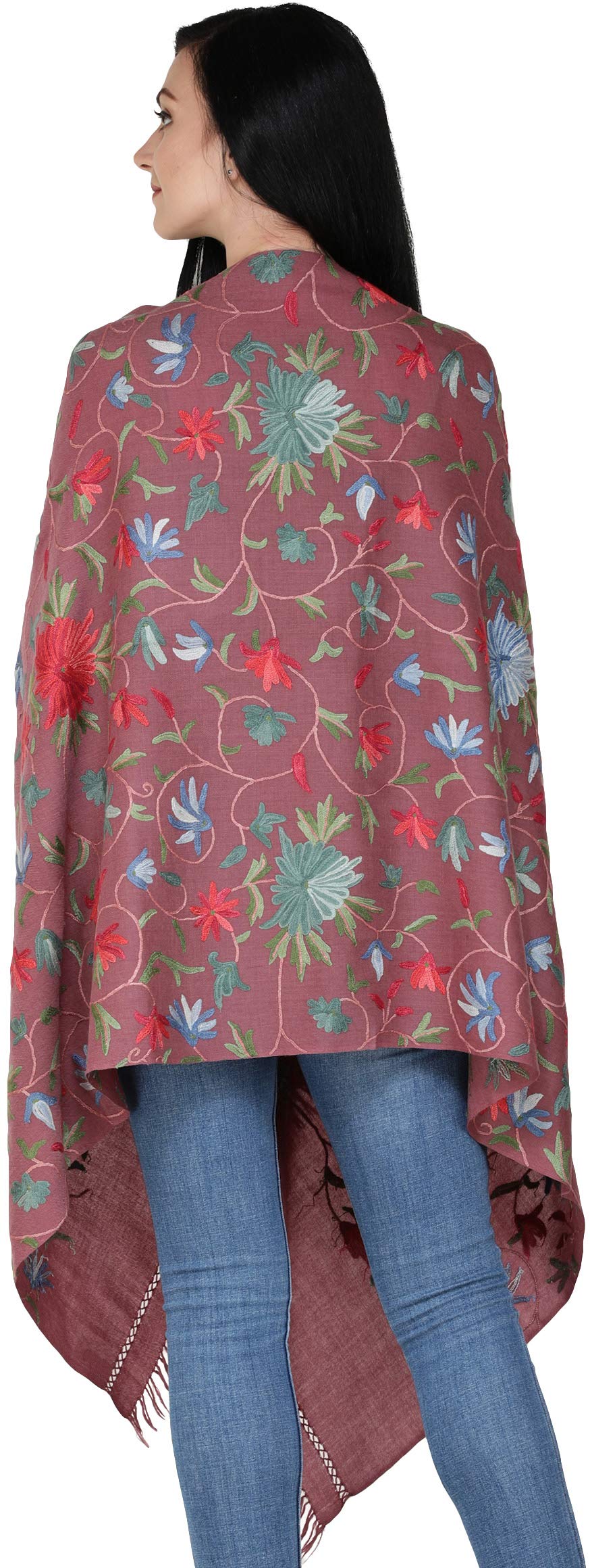 Exotic India Floral Aari Hand-Embroidered Wool Stole from Kashmir - Luxury Shawl for Women, Winter Fashion Accessory, Perfect for Weddings, Parties & Gifting