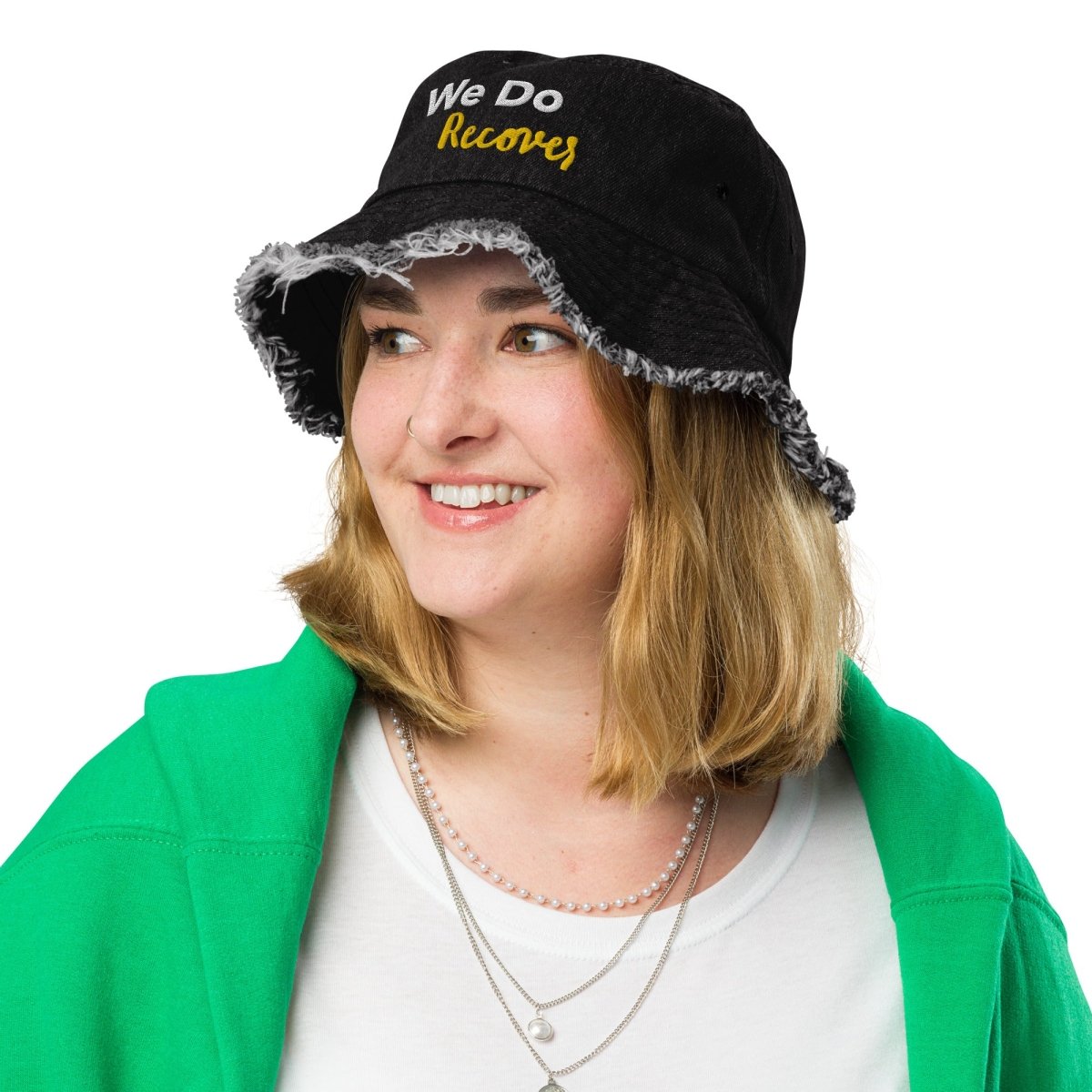 Distressed Denim Bucket Hat with 'We Do Recover' Embroidery - Vintage Style Unisex Cap for Outdoor Activities, Concerts & Streetwear Fashion