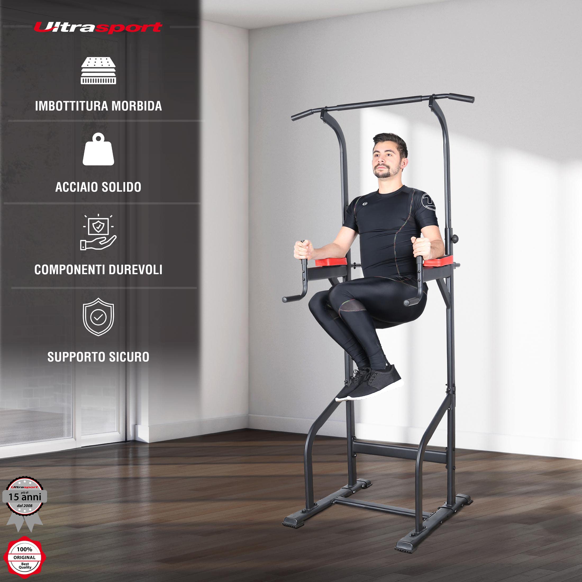 UltraSport Adjustable Power Tower for Pull-Ups & Dips - Heavy Duty Home Gym Equipment (150kg Weight Capacity) - Perfect for Strength Training & Bodyweight Exercises at Home