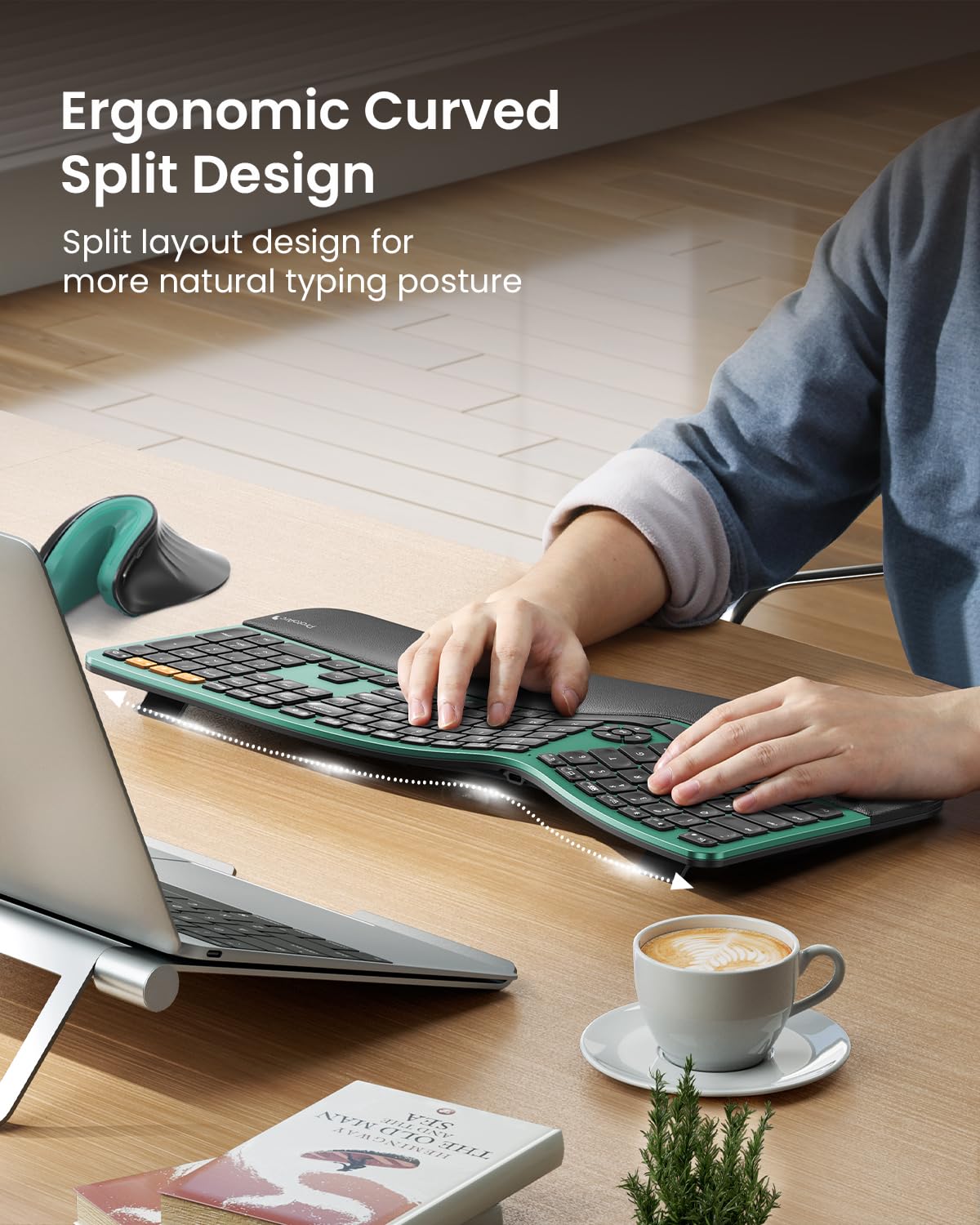 ProtoArc EK01 Plus Backlit Bluetooth Ergonomic Wireless Split Keyboard - Full Size with Dual Bluetooth & USB, Cushioned Wrist Rest, Rechargeable - Compatible with Windows/Mac/Android (Green) | Perfect for Office Work, Gaming & Long Typing Sessions