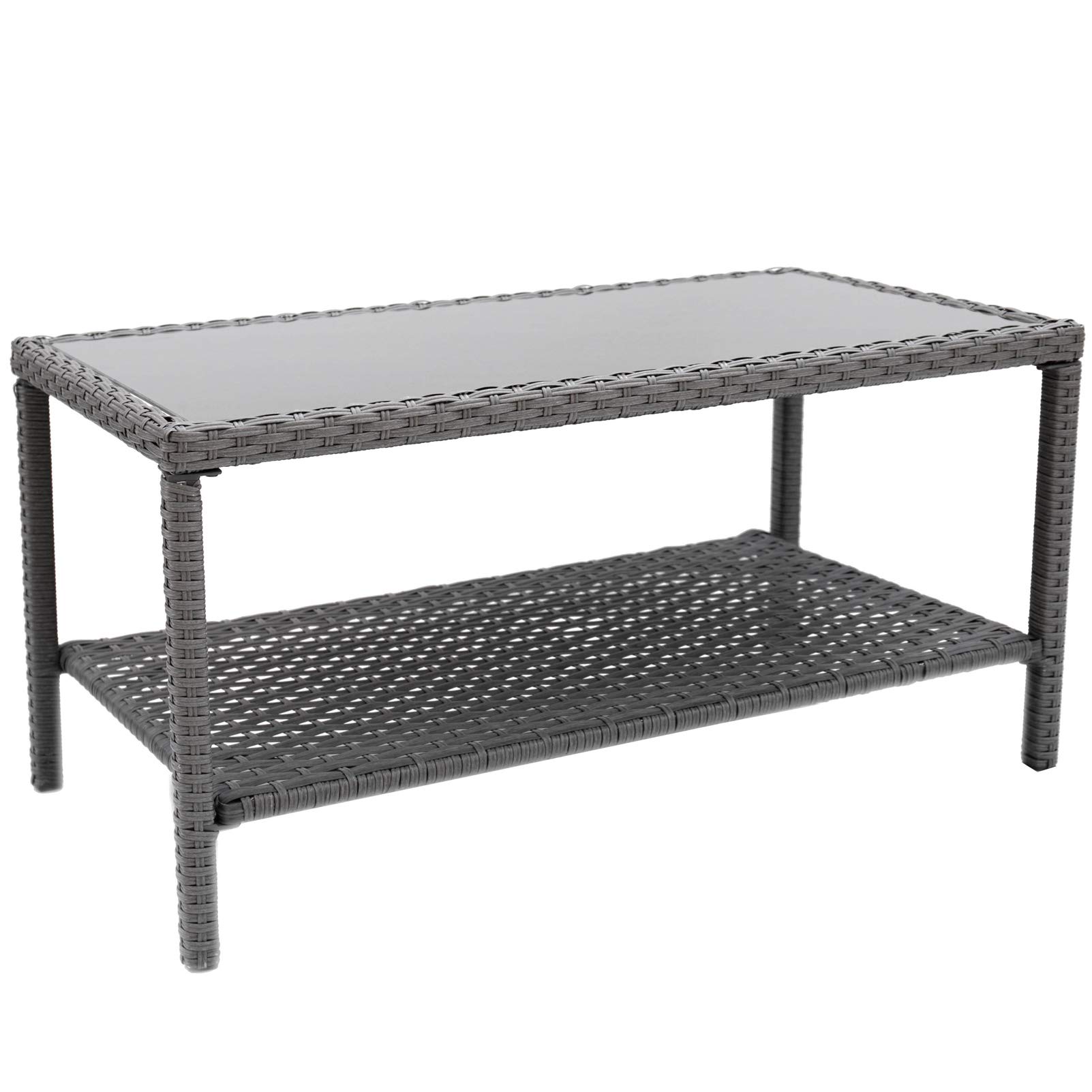 Outdoor Coffee Side Table with Glass Top - All-Weather Wicker Patio End Table for Garden, Balcony & Deck - Gray Rectangle Storage Table for Drinks, Books & Decor