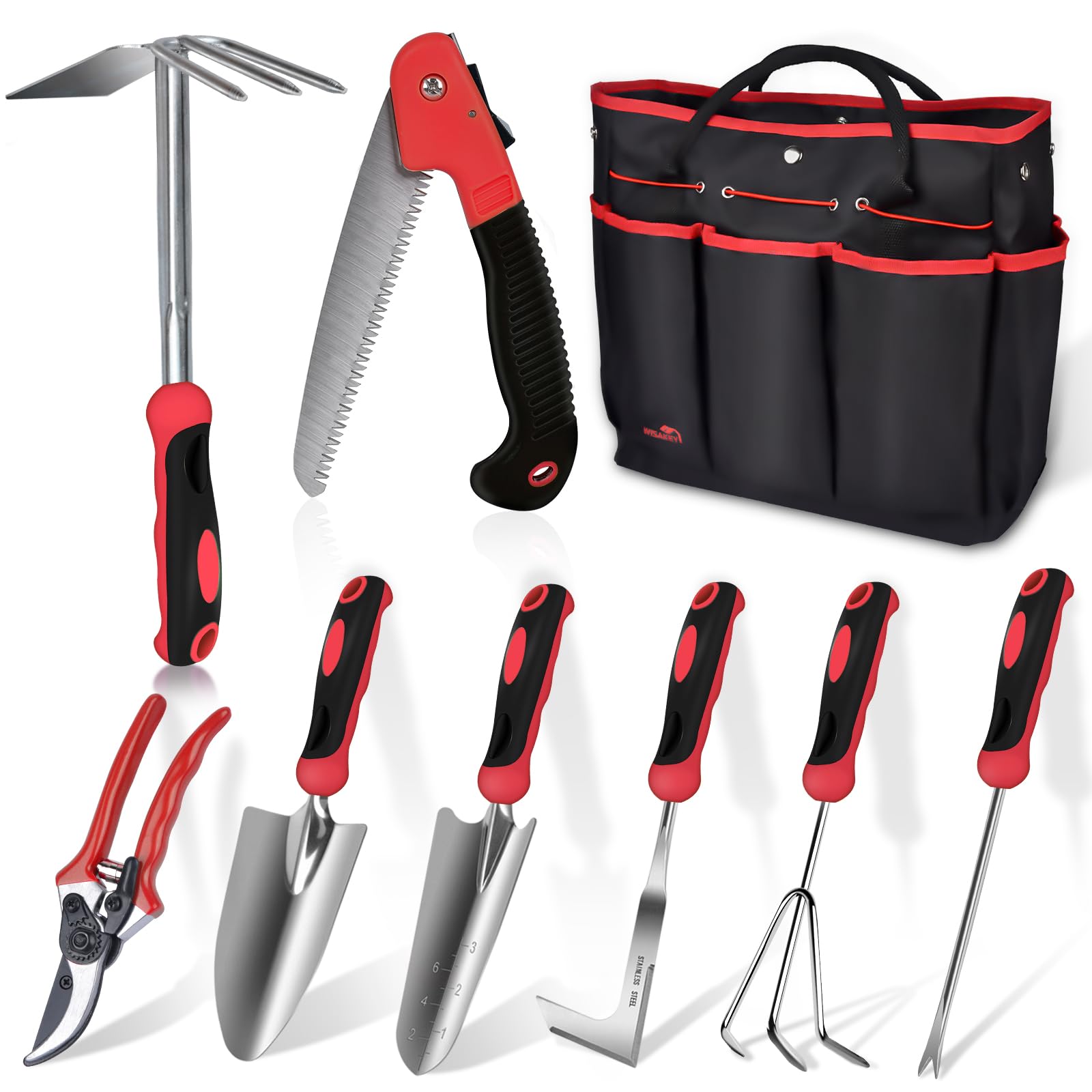 Premium 9-Piece Stainless Steel Heavy Duty Gardening Tool Set with Non-Slip Ergonomic Handles - Includes Durable Tote Bag - Ideal for Planting, Weeding & Landscaping - Perfect Gardening Gift for Women & Men (Red)