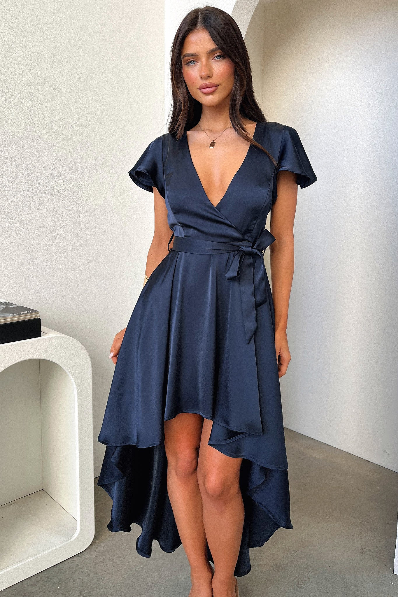 Amelia Silk Midi Dress for Women - Navy Blue Elegant Flowy Summer Dress for Parties, Weddings & Special Occasions