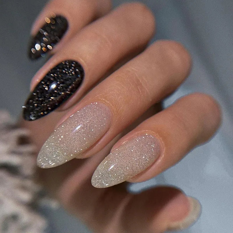 24Pcs Detachable Almond French Full Cover False Nails - Silver Butterfly Design Stiletto Press On Nails for DIY Manicure | Perfect for Parties, Weddings, and Special Occasions