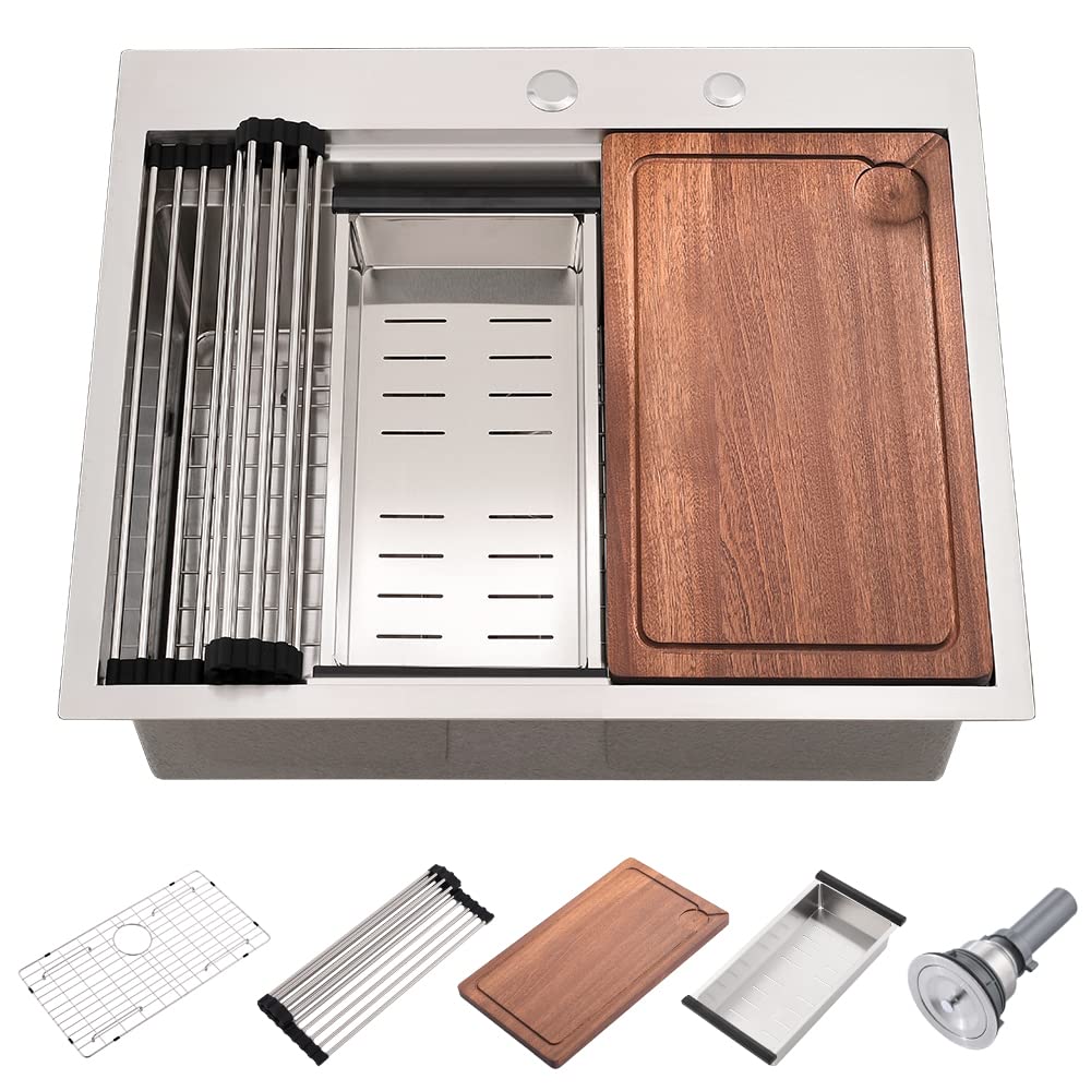25 Inch Drop In Stainless Steel Kitchen Sink - Wesliv 25x22 Topmount Utility Sink, 16 Gauge Deep Single Bowl with Cutting Board & Double Ledges Workstation - Perfect for Food Prep, Dishwashing & Modern Kitchen Renovations