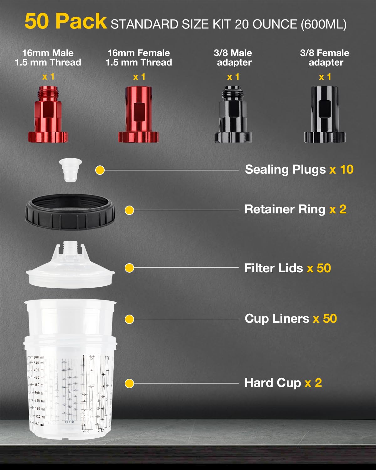 YUZES 20oz (600ml) Disposable Paint Mixing Cups System - 50 Pack Paint Cups with Lids, 2 Hard Cups with Retainer Ring, 10 Plugs, 4 Spray Gun Cup Adapters & Paint Stirrer - Automotive Paint Gun Accessories for Professional & DIY Painting Projects