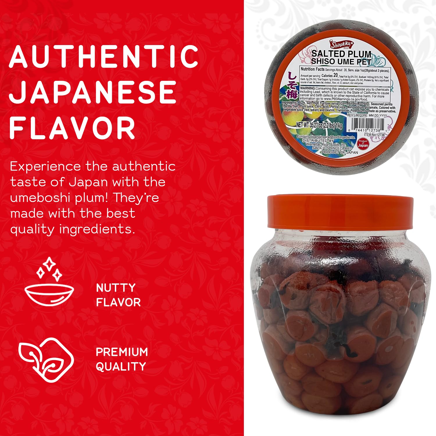 Shirakiku Salted Plums Shiso Ume PET Jar - Authentic Japanese Umeboshi Plums for Cooking, Salads & Snacks - 2.2lbs Seasoned Perilla Pickled Plums with High Fructose Syrup - Perfect for Vinaigrettes, Noodles, Rice Balls & Bento Box Lunch