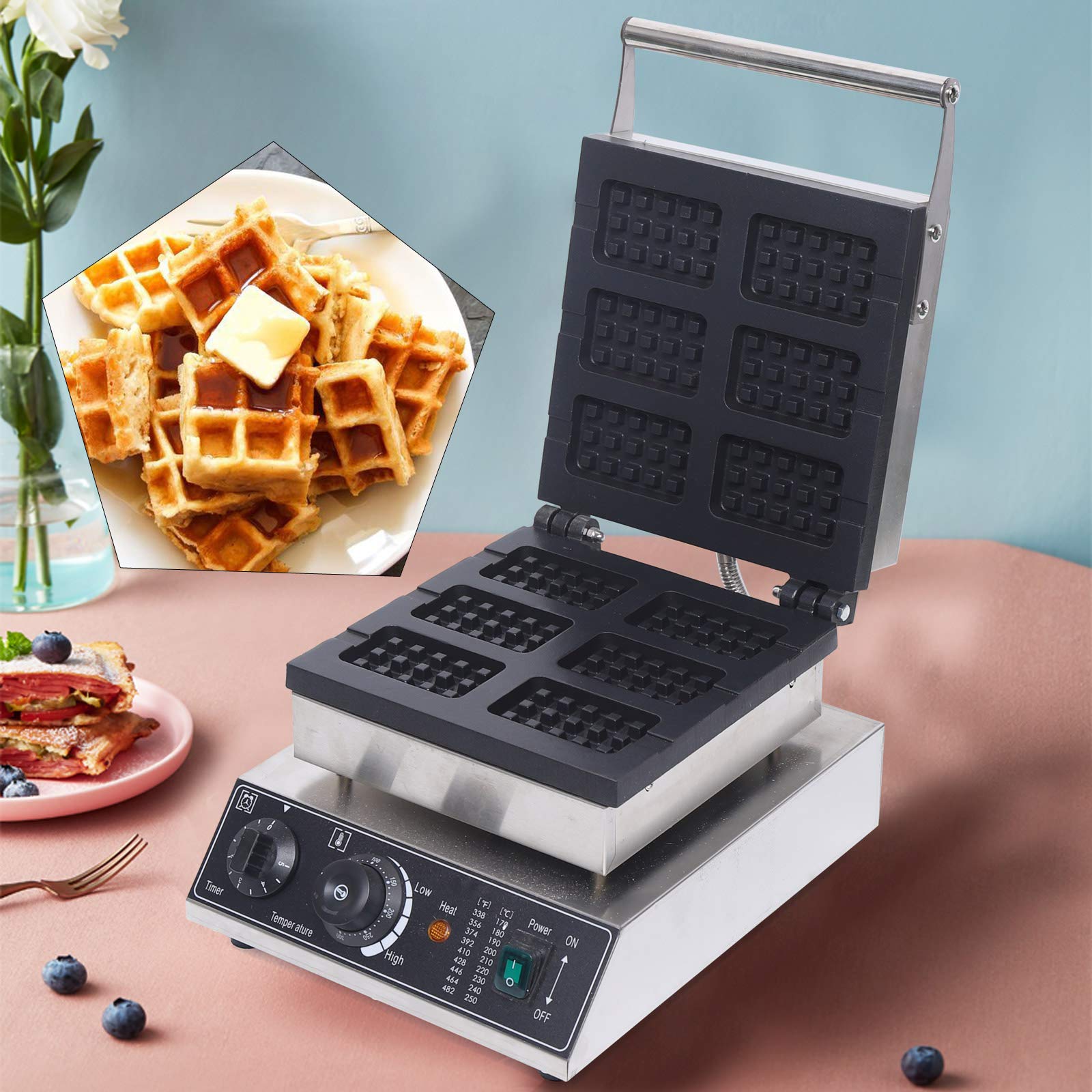 DYRABREST 1500W Electric Waffle Maker - 6 Slice Nonstick Waffle Iron with Stainless Steel Housing & Modern Design - Perfect for Breakfast, Brunch, and Family Gatherings