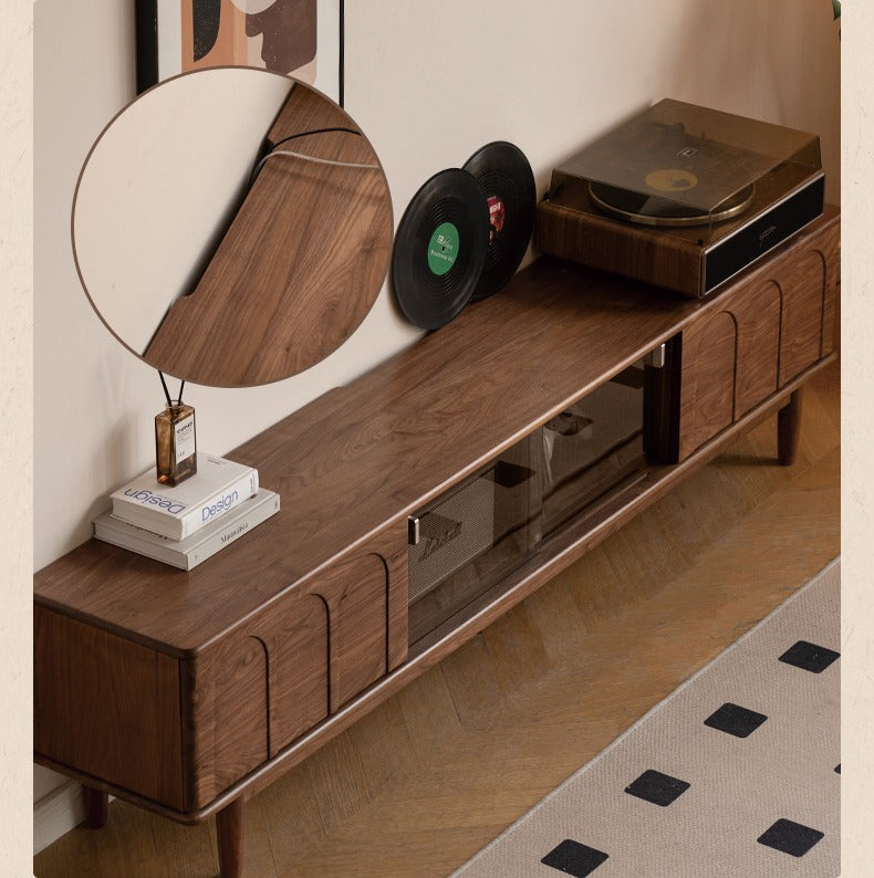 Solid Black Walnut Wood Retro TV Stand with Large Storage | Vintage Entertainment Center for Living Room & Home Theater