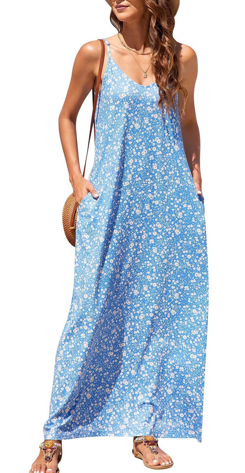 Supnier Women's Floral Bohemian Maxi Dress - Summer Casual Spaghetti Strap Long Dress with Pockets | Beach Wedding, Vacation, Party Wear