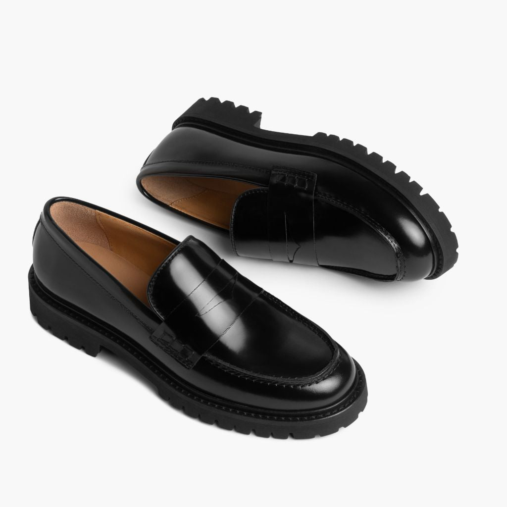 Women's Black Leather Penny Loafers with Lug Sole - Comfortable & Stylish Slip-On Shoes for Work, Office & Casual Outfits