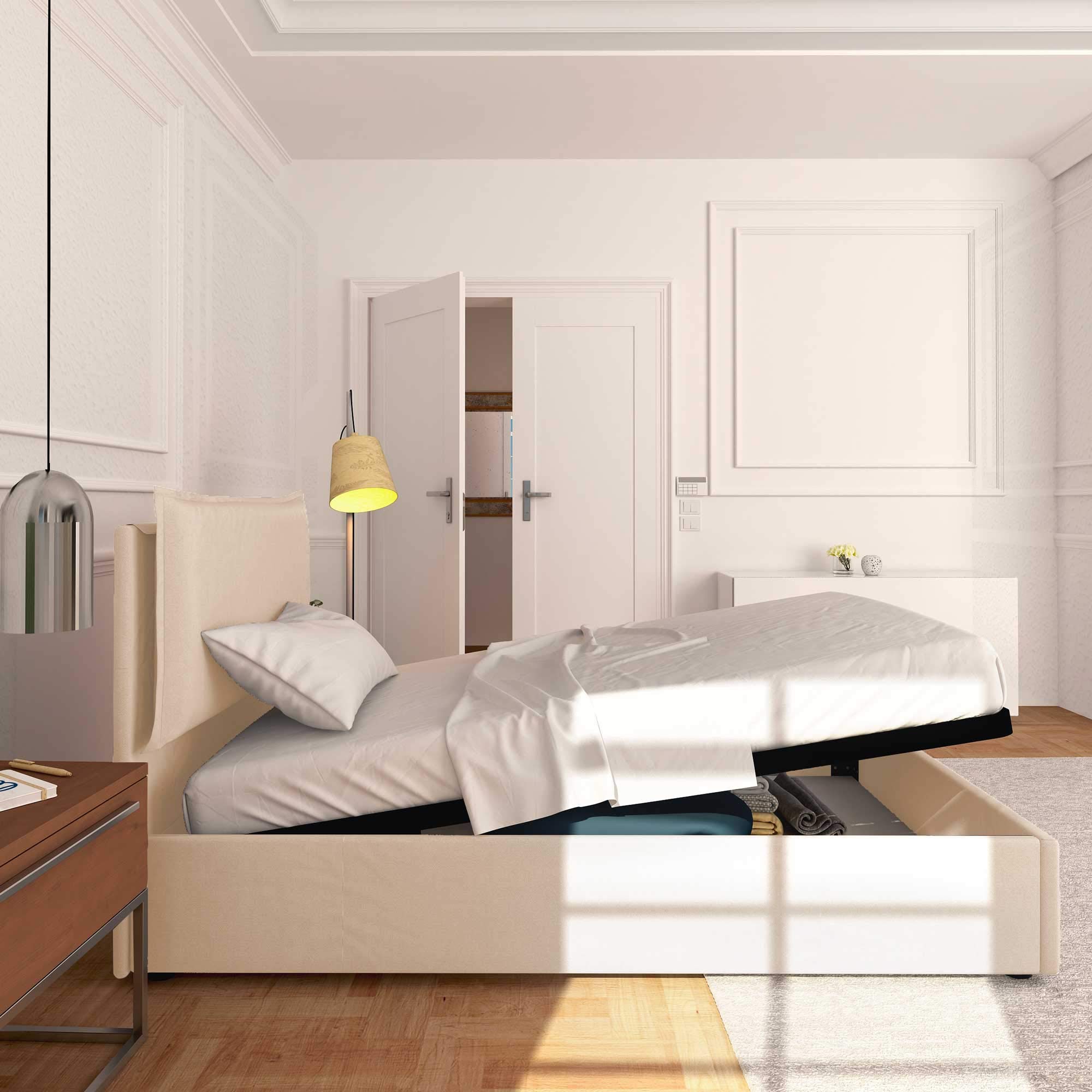 Baldiflex Licia Square and Half Bed with Storage, Synthetic Leather Upholstery, Slatted Base for Square and Half Mattresses, 120 x 190 cm, Thin Padded Headboard, White - Perfect for Small Bedrooms, Guest Rooms, and Modern Apartments