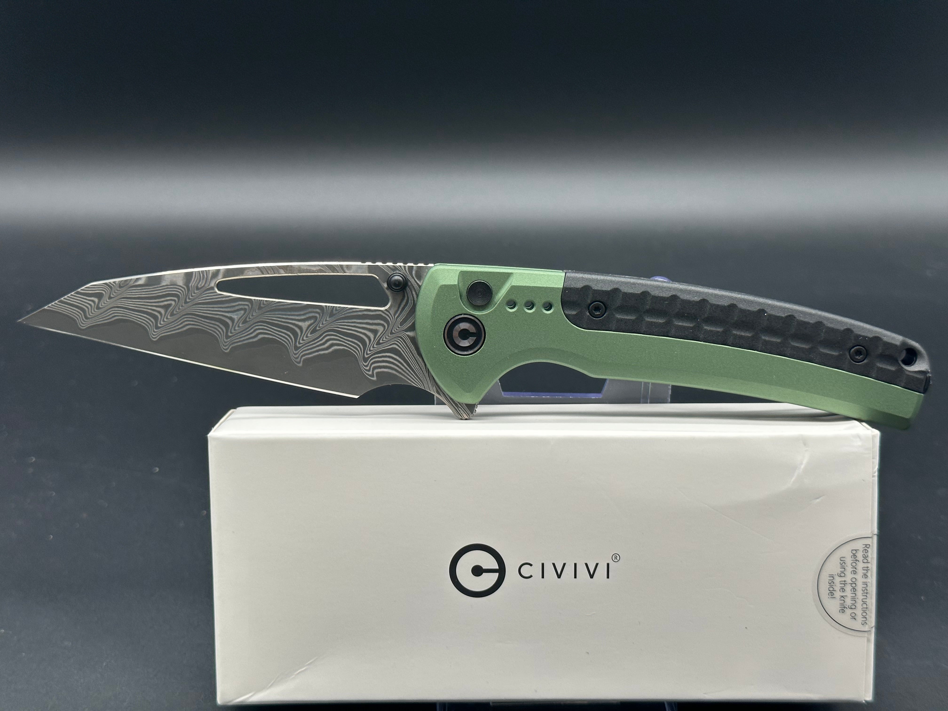 CIVIVI SENTINEL STRIKE Folding Knife - Green Aluminum Handle, Black Damascus Steel Blade, Reverse Tanto Design - Perfect for EDC, Outdoor Camping & Tactical Use