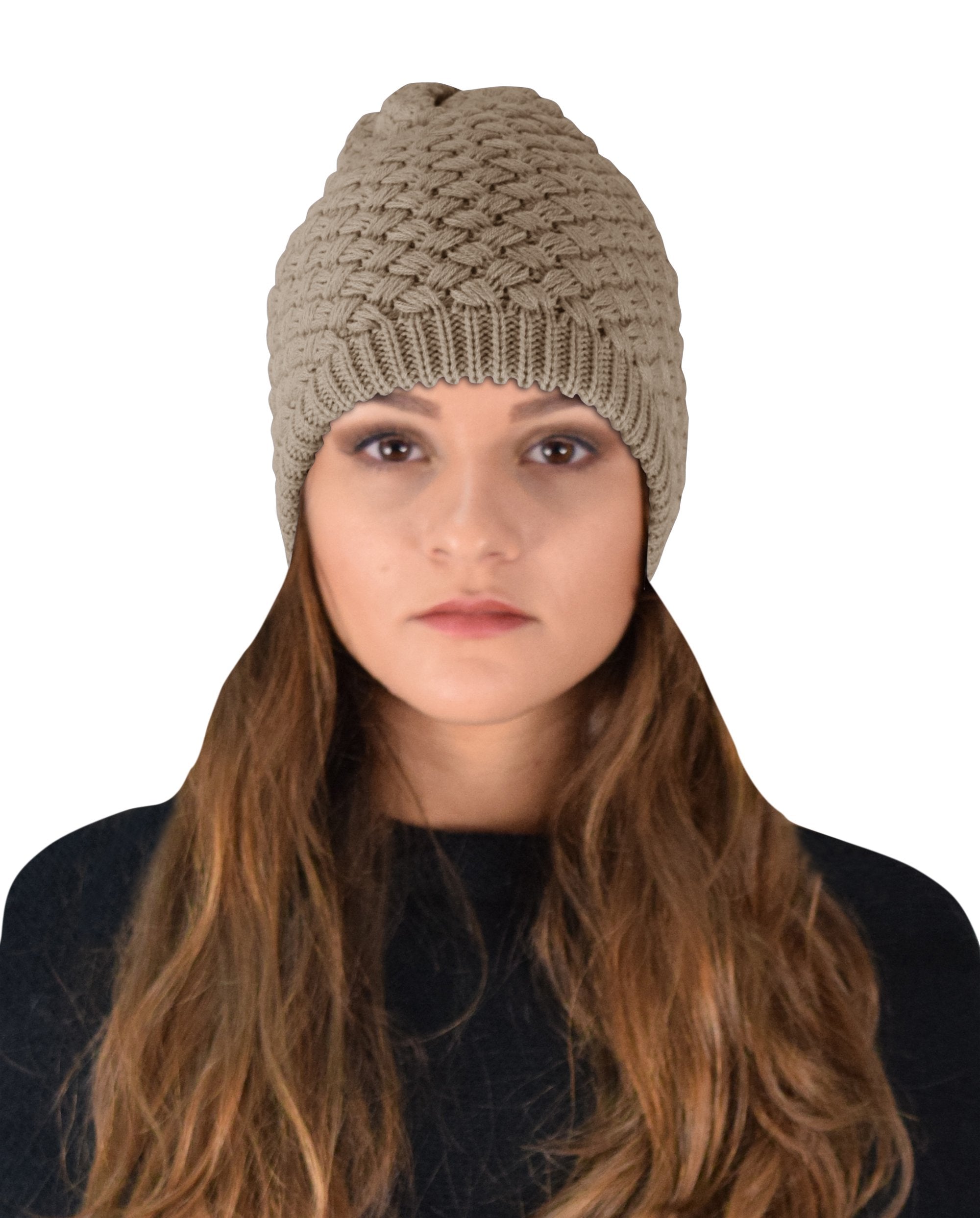 Taupe Thick Crochet Knit Double Layer Beanie Slouchy Hat for Women - Winter Warm Chunky Knit Hat for Cold Weather, Outdoor Activities & Fashion Accessories