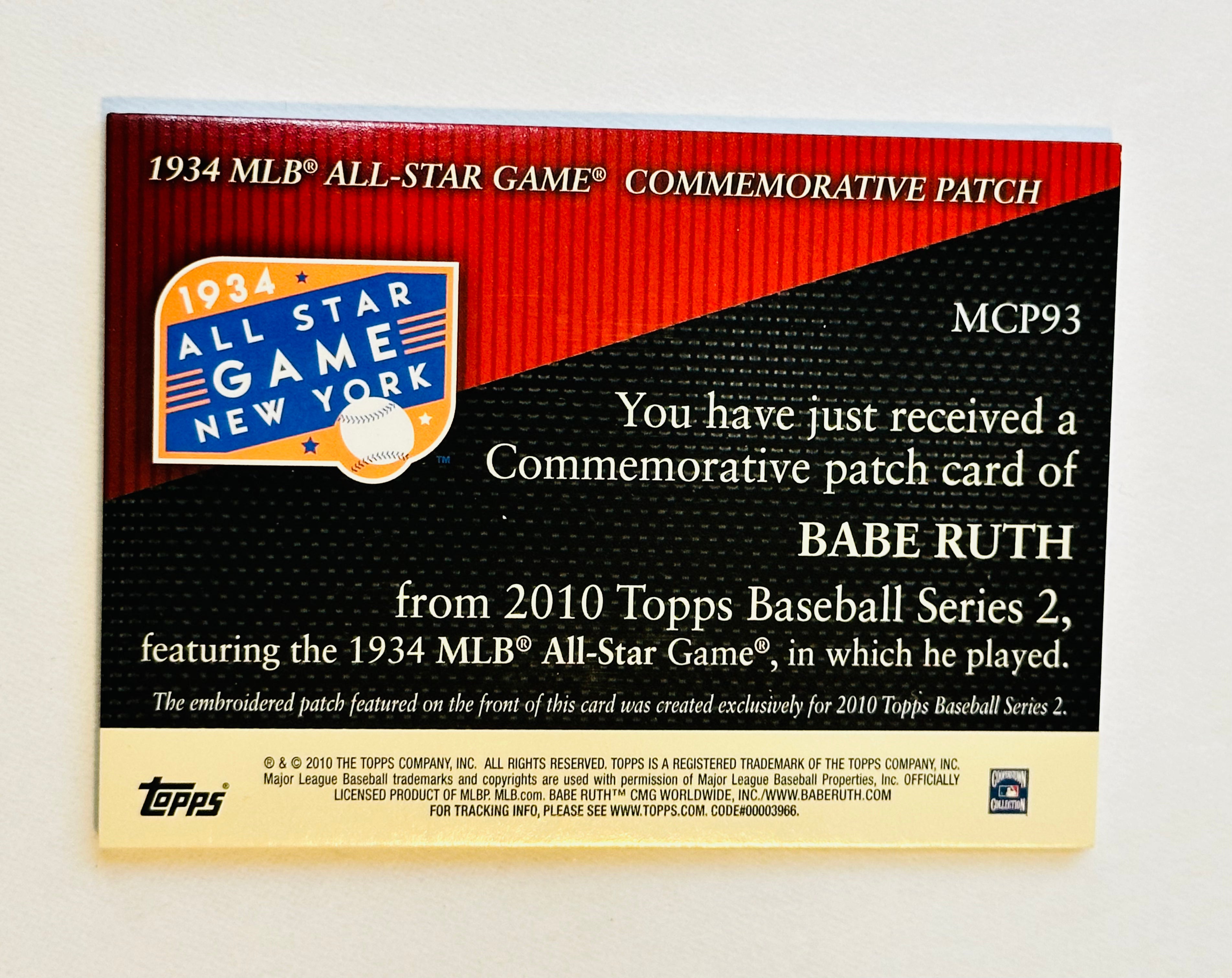 2010 Topps Babe Ruth New York Yankees All-Star Game Commemorative Patch Baseball Card - Perfect for Collectors, Fans & Sports Memorabilia Displays