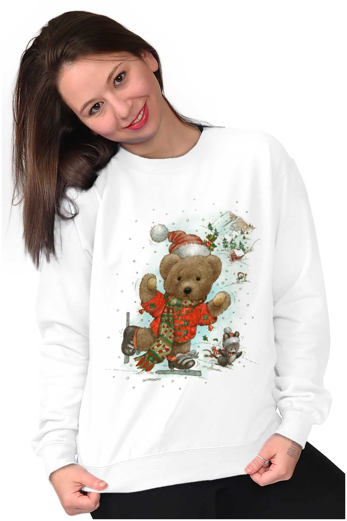Christmas Teddy Bear Ice Skating Women's Crewneck Sweatshirt - Cozy Holiday Pullover for Winter Outings & Festive Gatherings
