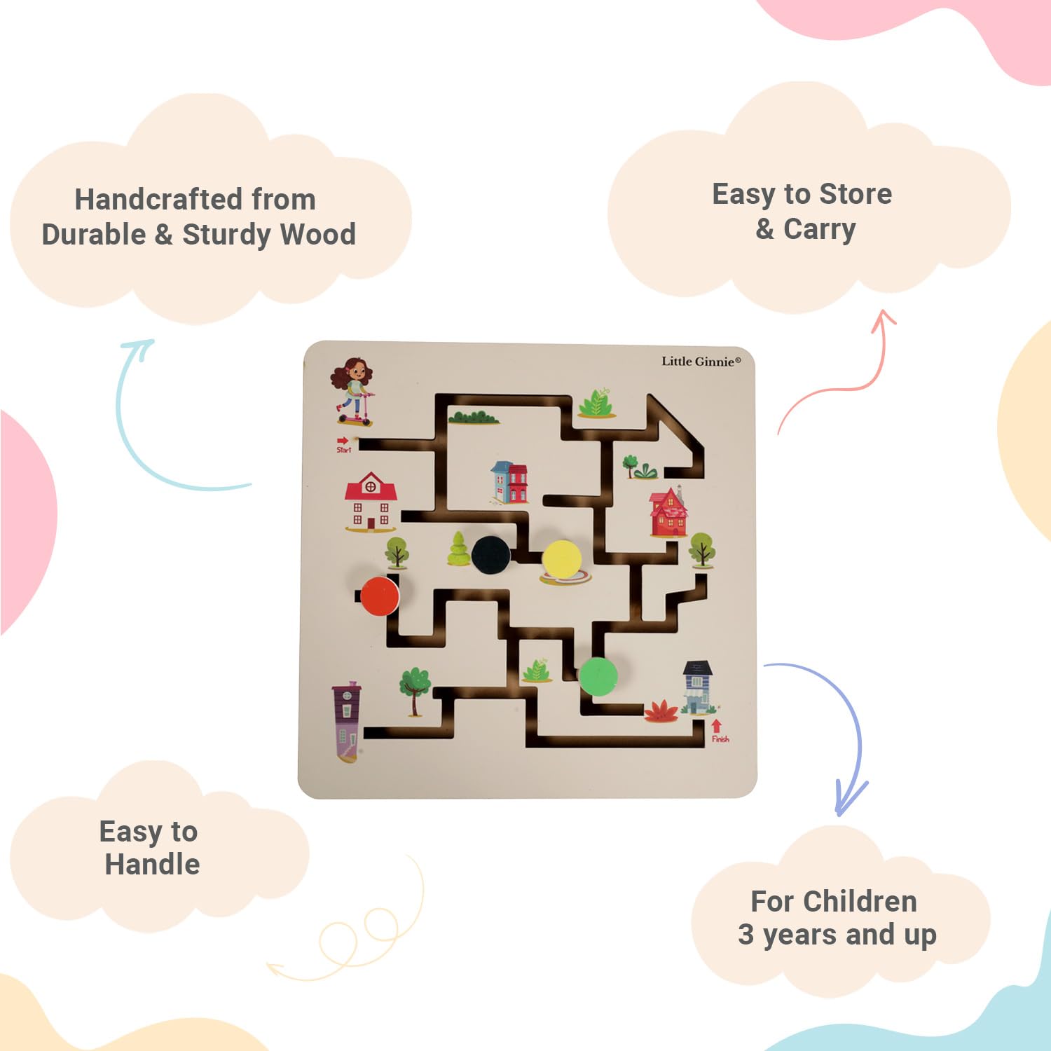 Little Ginnie Wooden Maze Puzzle Game - Brain Teaser Educational Toy for Kids | STEM Learning Toy, Birthday & Holiday Gift for Boys & Girls | Perfect for Indoor Play, Classroom Activities & Cognitive Development