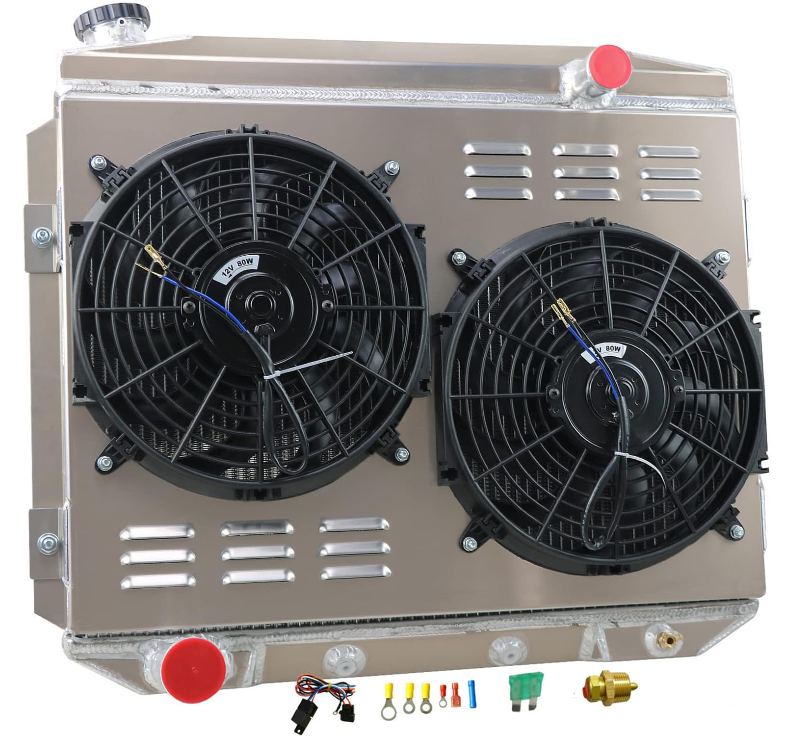 1957-1959 Ford Fairlane Galaxie Ranchero & Mercury Montclair Monterey Park Lane V8 Aluminum Radiator - 4 Row Core with Shroud & Fan Relay | High-Performance Cooling for Classic Cars