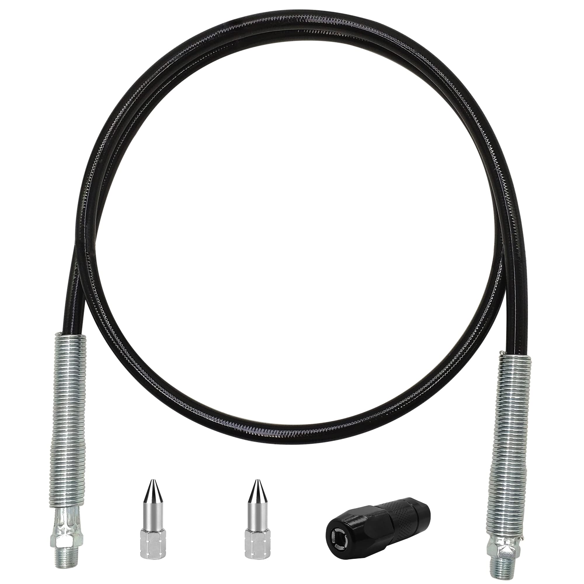 47in 4-Piece Grease Gun Hose Kit with Flexible Extension - Includes 4-Jaw Standard Couplers & 2 Sharp Nozzles (1/8