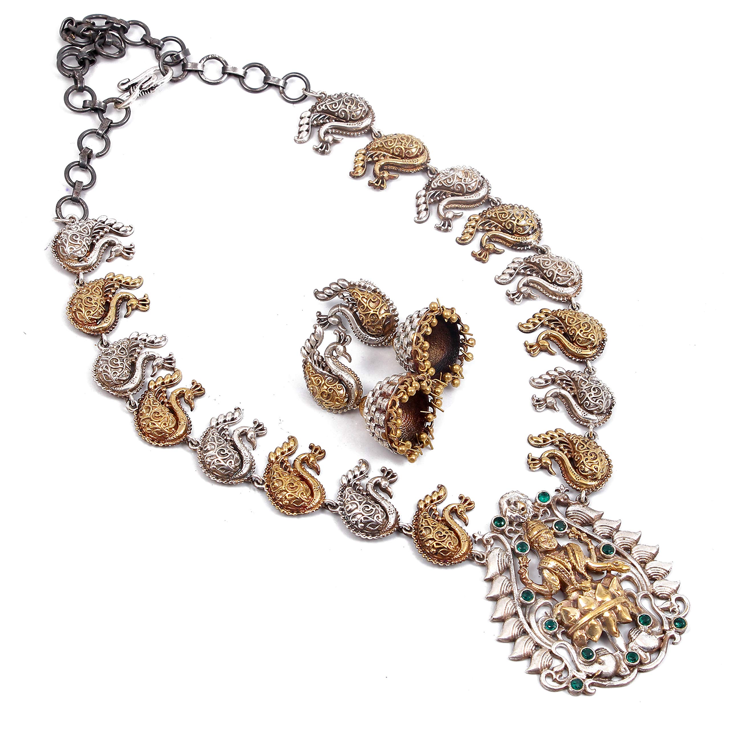 Foxiie Indian Jewelry Dual Tone Silver Plated Temple Necklace & Earring Set for Women and Girls - Lakshmi Inspired Bridal Jewelry - Perfect for Weddings, Festivals & Special Occasions
