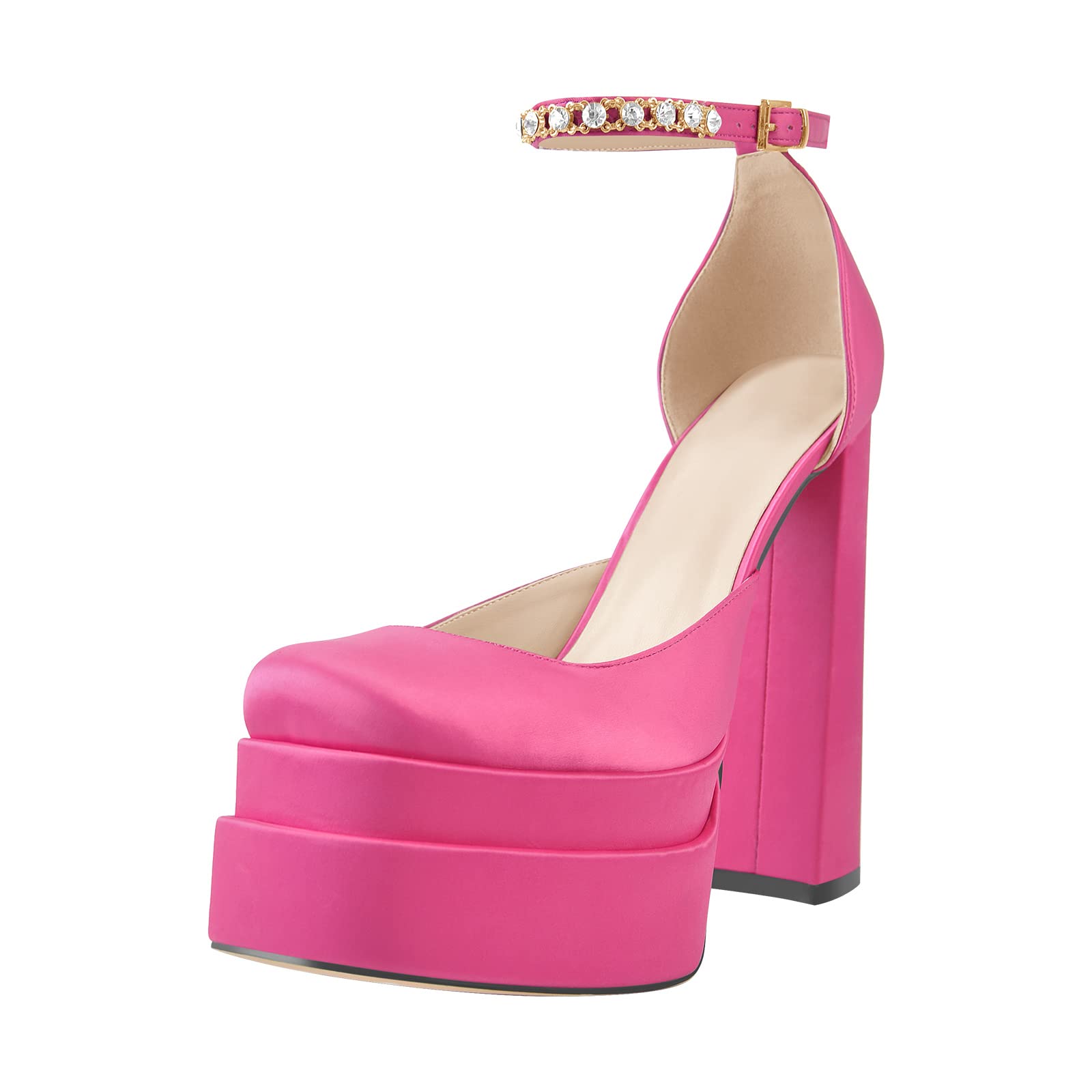 **Women's Chunky Heel Platform Pumps - Square Toe Rhinestone Ankle Strap Satin Dress Shoes for Party, Wedding & Evening Events**