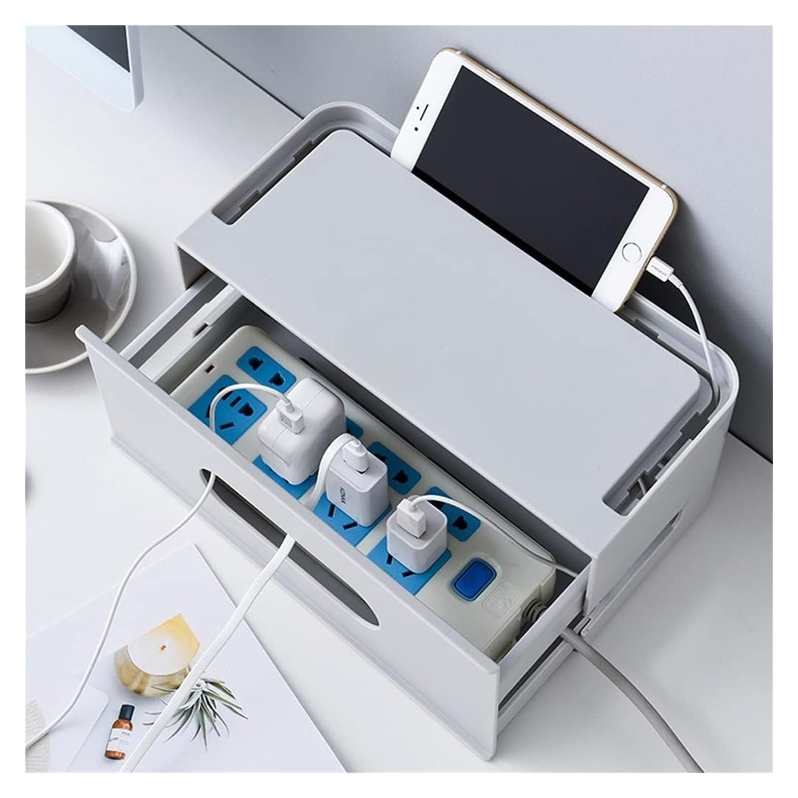 Wall Mount Router Shelf with Drawer - 2-Tier WiFi Router Storage Box & Cable Organizer (29x21x20cm, Grey) - Perfect for Home Office, Living Room, and Bedroom Network Setup