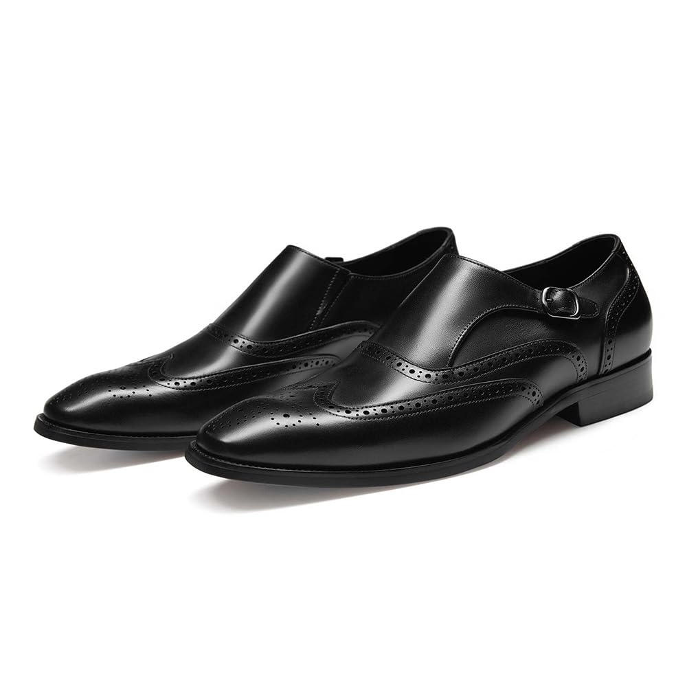 FRASOICUS Genuine Leather Men's Dress Shoes - Monk Strap Wingtip Formal Slip-On Loafers for Business, Wedding & Office Wear