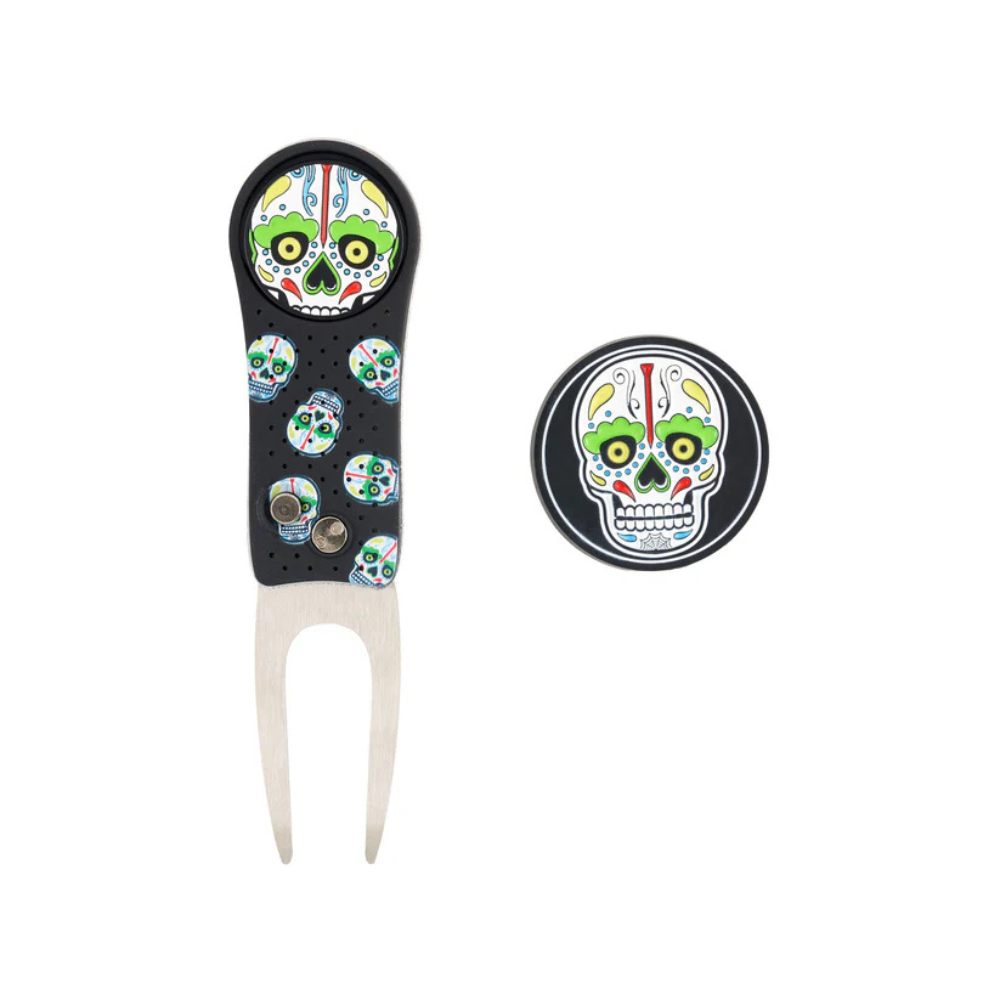 CMC Design Sugar Skull Divot Tool and Ball Marker Set - Unique Golf Accessories for Men & Women - Perfect for Golf Tournaments, Gifts and Practice