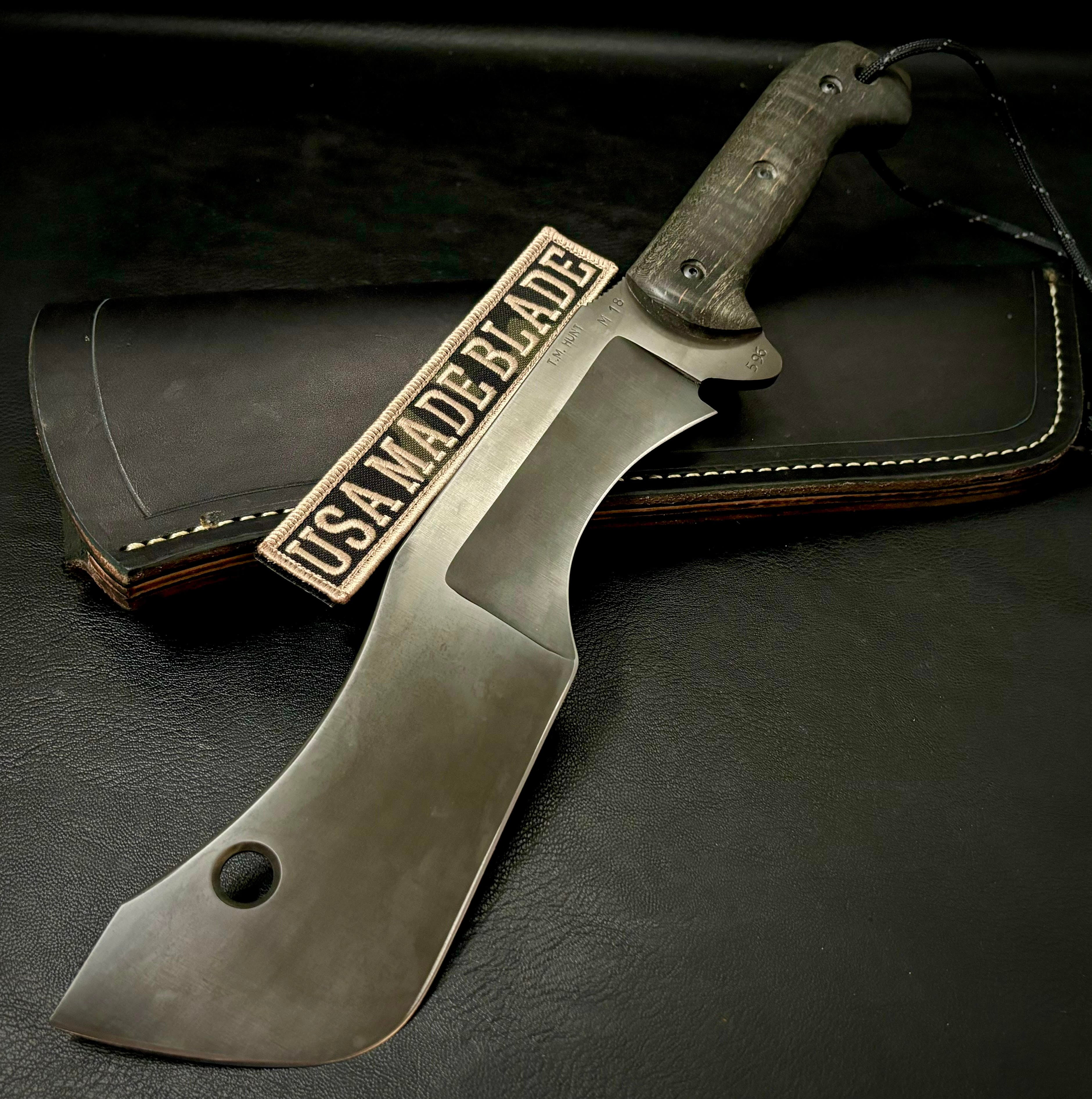 T.M. Hunt Full Custom M18 #596 Knife - Black Cut Maple Handle & Leather Sheath | Hunting, Camping, Outdoor Survival Gear