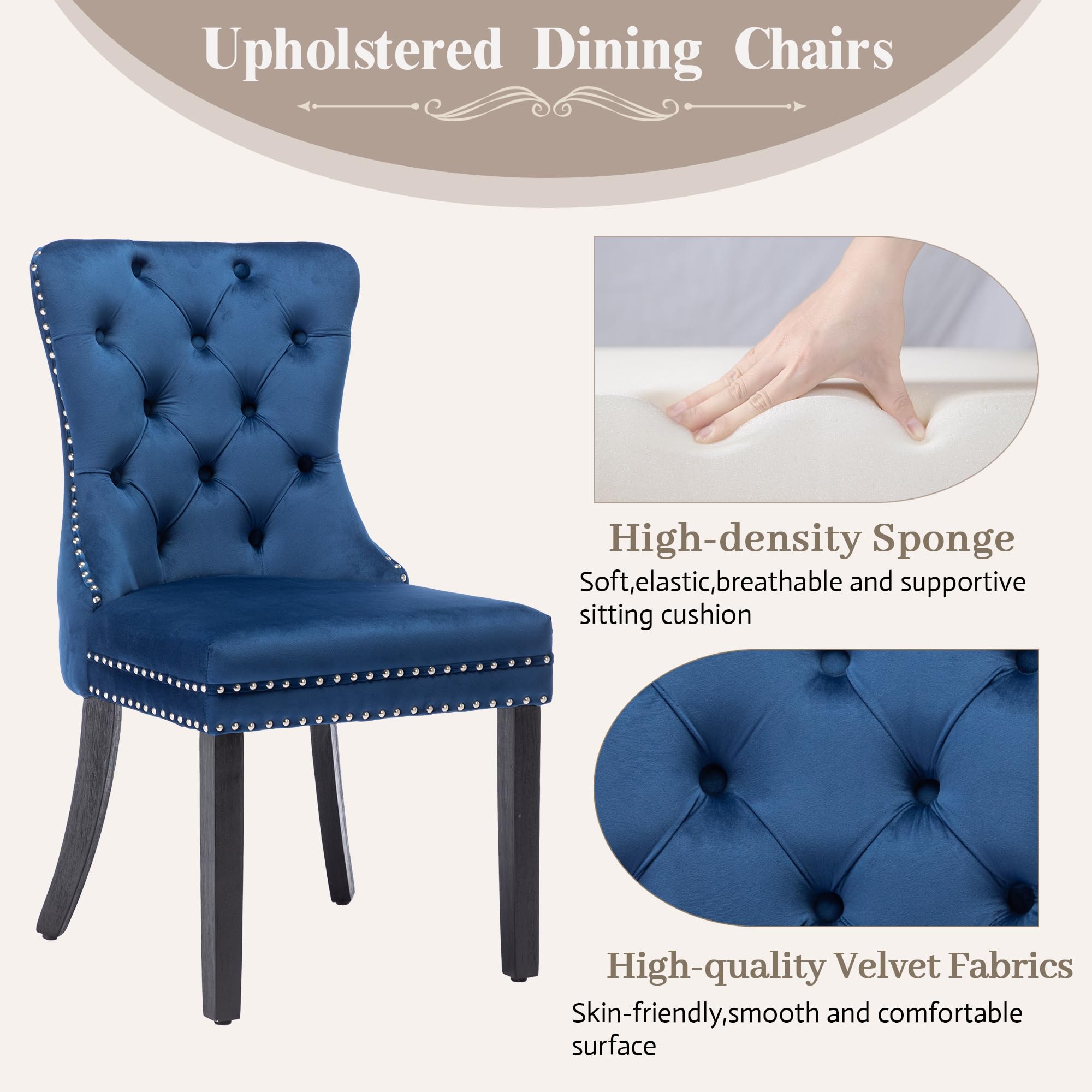 KCC Velvet Dining Chairs Set of 4 - Upholstered Tufted Modern Dining Room Chairs with Nailhead Trim & Solid Wood Legs, Nikki Collection in Elegant Blue - Perfect for Kitchen, Dining Room, Restaurant or Home Decor
