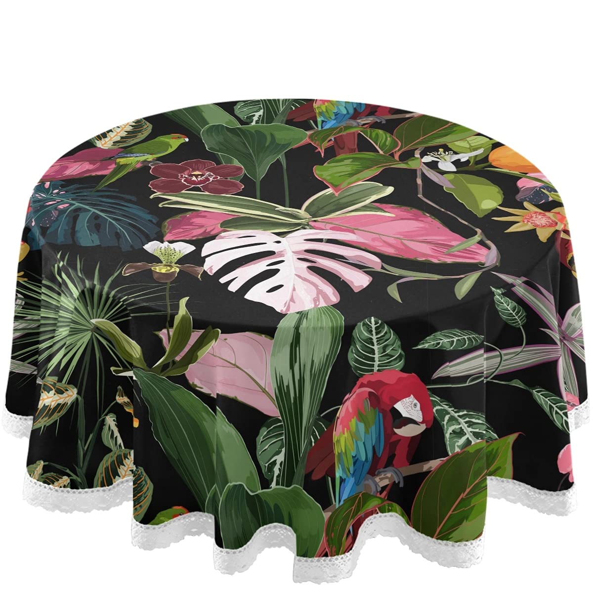 Tropical Bird Palm Leaf Round Tablecloth 60 Inch - Waterproof Outdoor Table Cover for Wedding, Party, Dining Room - Perfect for Patio, Garden, and Beach Events