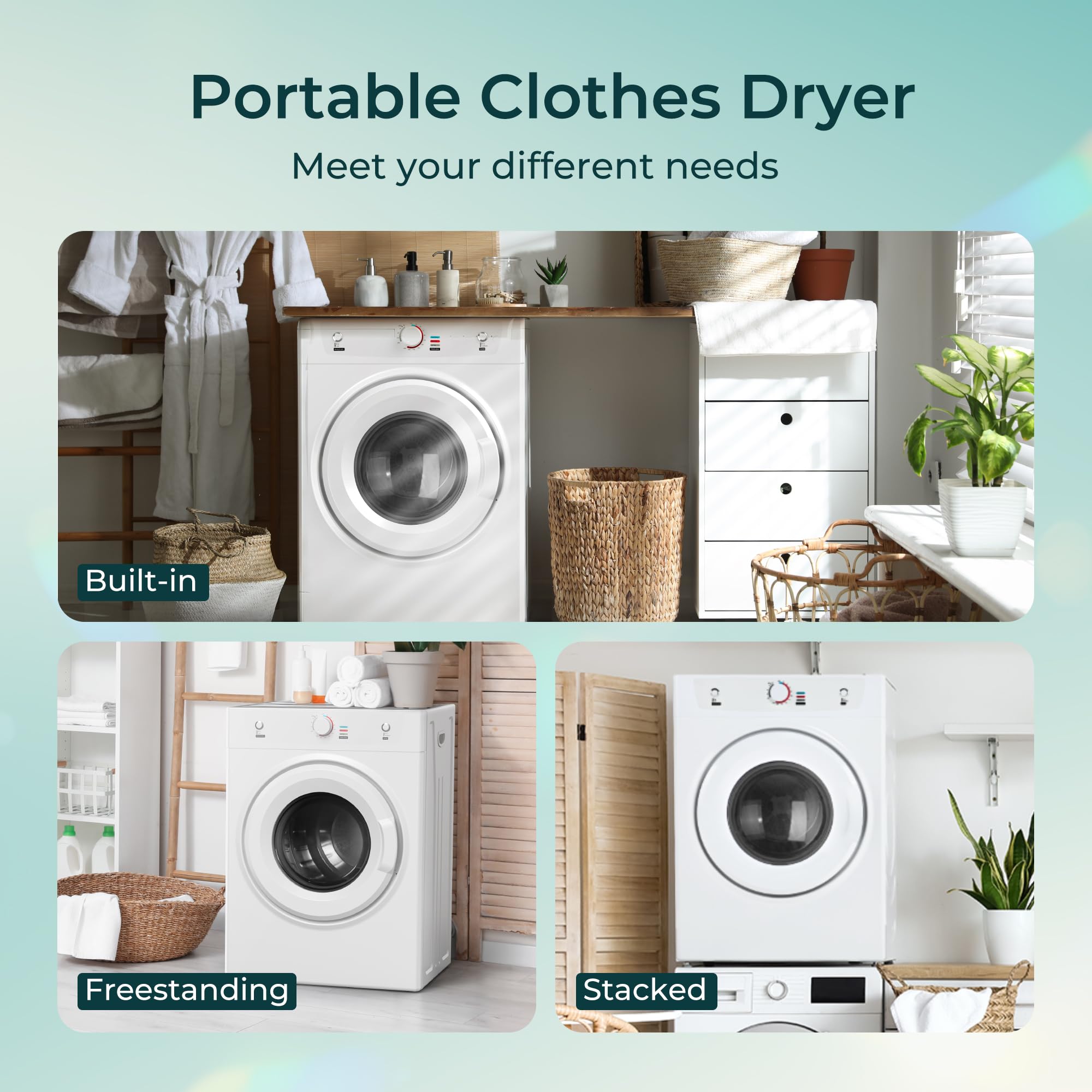 Euhomy 1500W Portable Clothes Dryer with Stainless Steel Tumbler - 3.52 Cu. Ft Compact Laundry Dryer with Exhaust Hose for Home & Apartment Use - Perfect for Small Spaces, Dorms, RV Living (White)