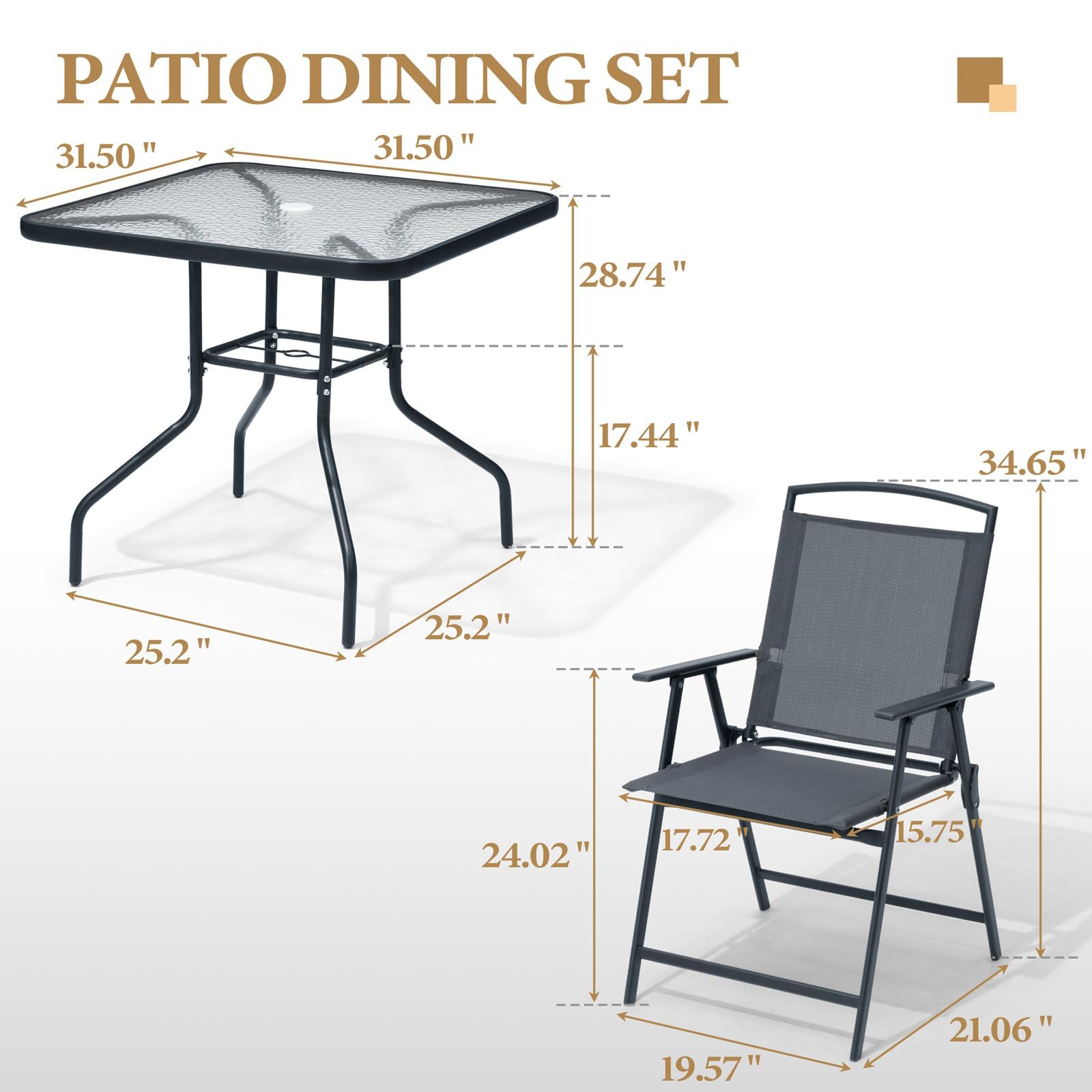 Crestlive 5-Piece Outdoor Patio Dining Set with 4 Folding Chairs & Square Glass Table - Grey Bistro Furniture for Garden, Backyard, Deck - Includes Umbrella Hole for Shade & Comfortable Outdoor Dining