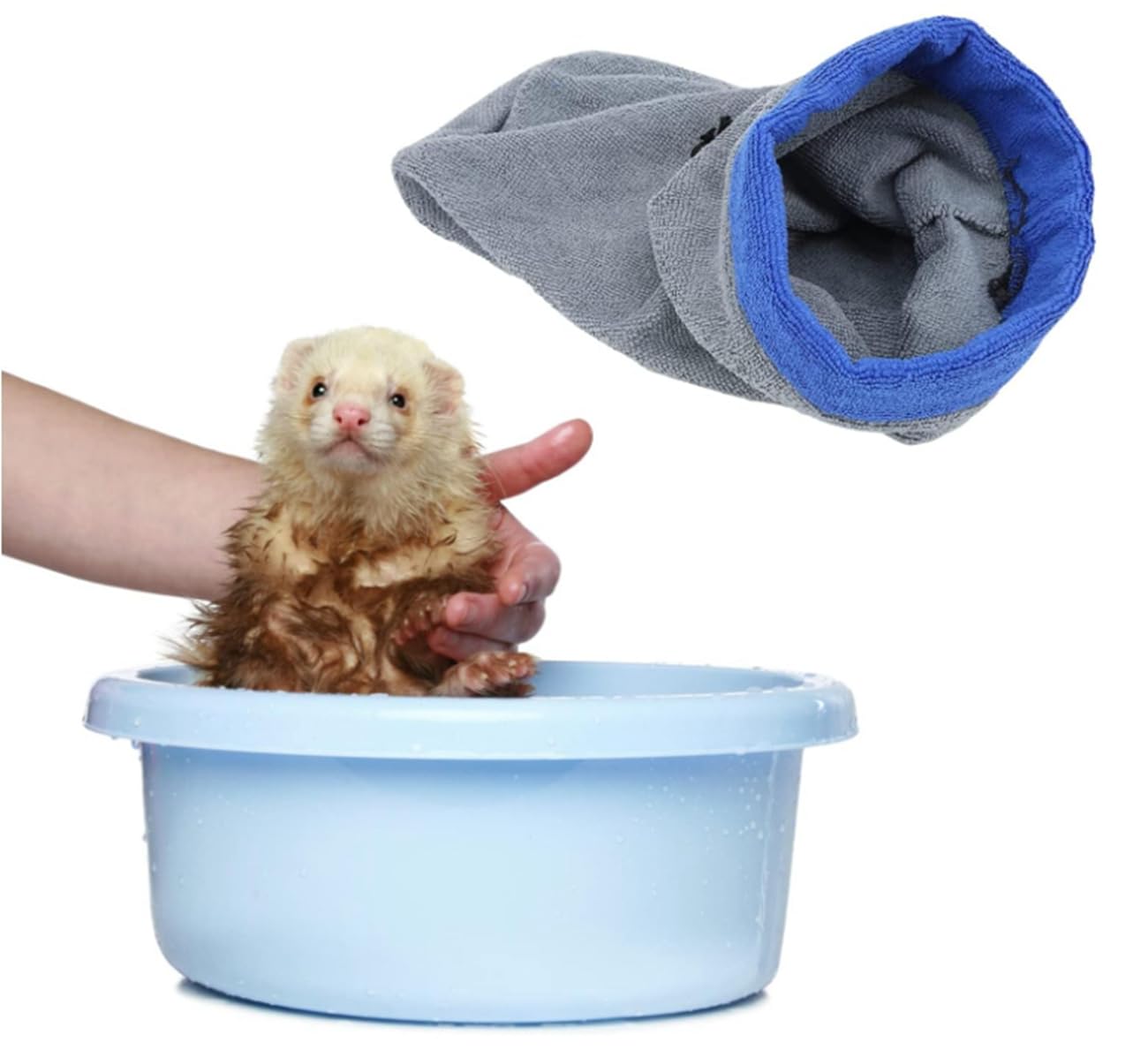 2PC Ferret Bath Towel Bag - Super Absorbent & Quick Drying Small Animal Bathrobe with Adjustable Drawstring for Ferrets, Chinchillas, Guinea Pigs (Blue & Grey) - Perfect for Post-Bath Drying & Cage Comfort