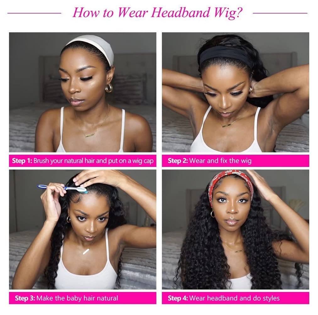 18 Inch Deep Wave Headband Wig - 150% Density Brazilian Virgin Human Hair Glueless No Lace Front Wig for Black Women | Natural Black Color | Perfect for Daily Wear, Parties & Protective Styling