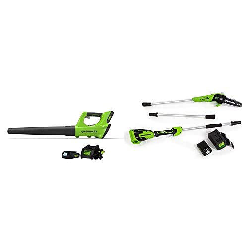 Greenworks 24V Cordless Axial Blower & 8-Inch Pole Saw Combo Kit with 2Ah Battery & Charger - Perfect for Yard Cleanup, Tree Trimming, and Outdoor Maintenance