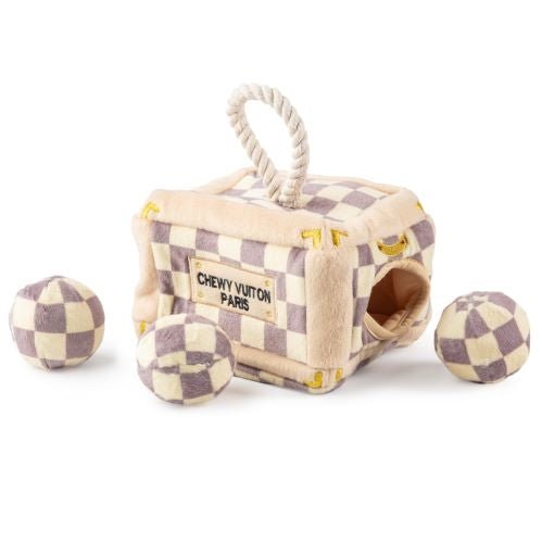 Checker Chewy Vuitton Trunk Activity House - Durable Pet Chew Toy for Dogs, Interactive Playhouse for Puppies - Perfect for Teething, Training & Indoor/Outdoor Playtime