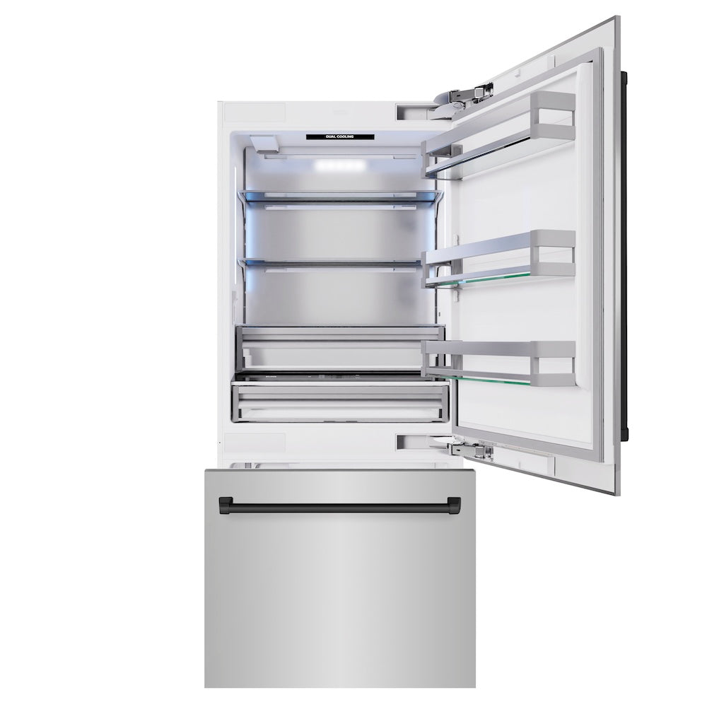 ZLINE Autograph Edition 36 Inch 19.8 Cu Ft Built-In Bottom Freezer Refrigerator with Water Dispenser & Ice Maker - Stainless Steel Matte Black Accents (RBITZ 304 36MB) - Perfect for Modern Kitchens & Open Concept Homes