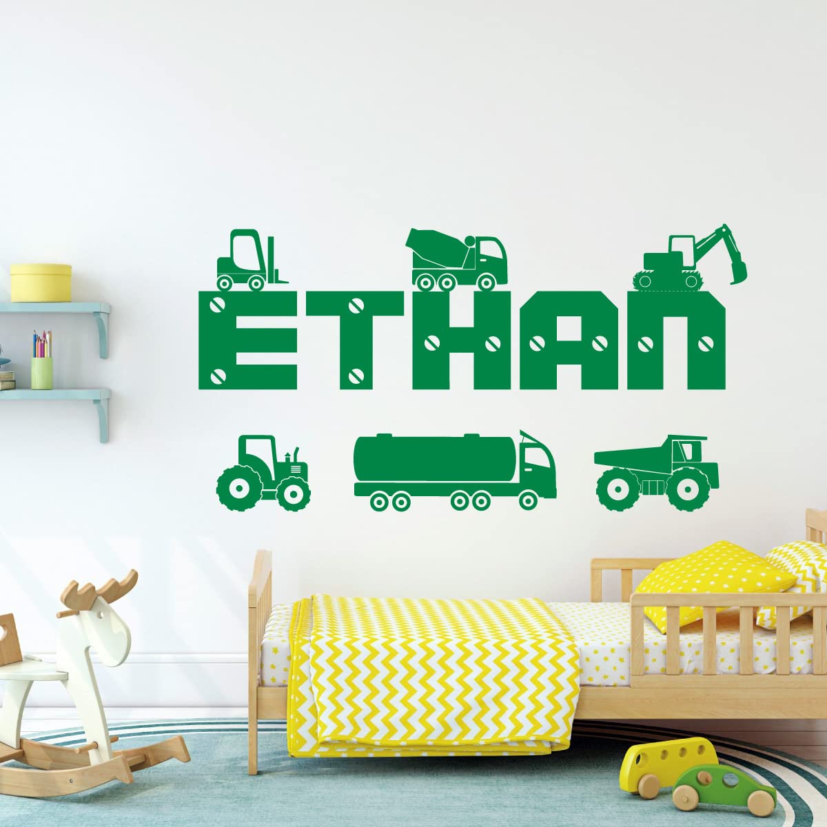 Personalized Boys Name Wall Decals - Truck, Tractor, Digger Construction Vehicle Stickers [Orange] | Nursery, Kids Room, Playroom Decor