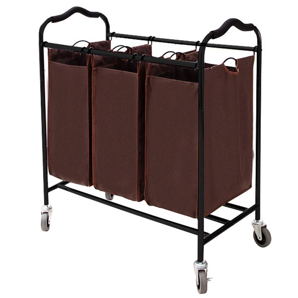 Large 3-Bag Laundry Sorter Cart with 4 Rolling Wheels - Heavy Duty Metal Frame Clothes Hamper Organizer for Bedroom, Laundry Room & Dorm - Brown