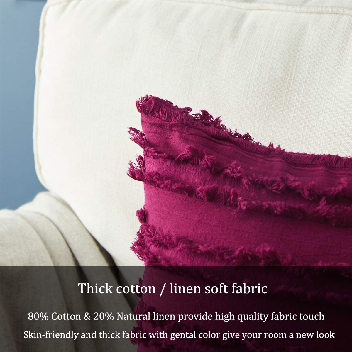 GIGIZAZA 22x22 Inch Decorative Throw Pillow Covers - Wine Red Square Couch Pillow Covers, Cotton Boho Sofa Cushion Pillows for Living Room, Bedroom & Home Decor