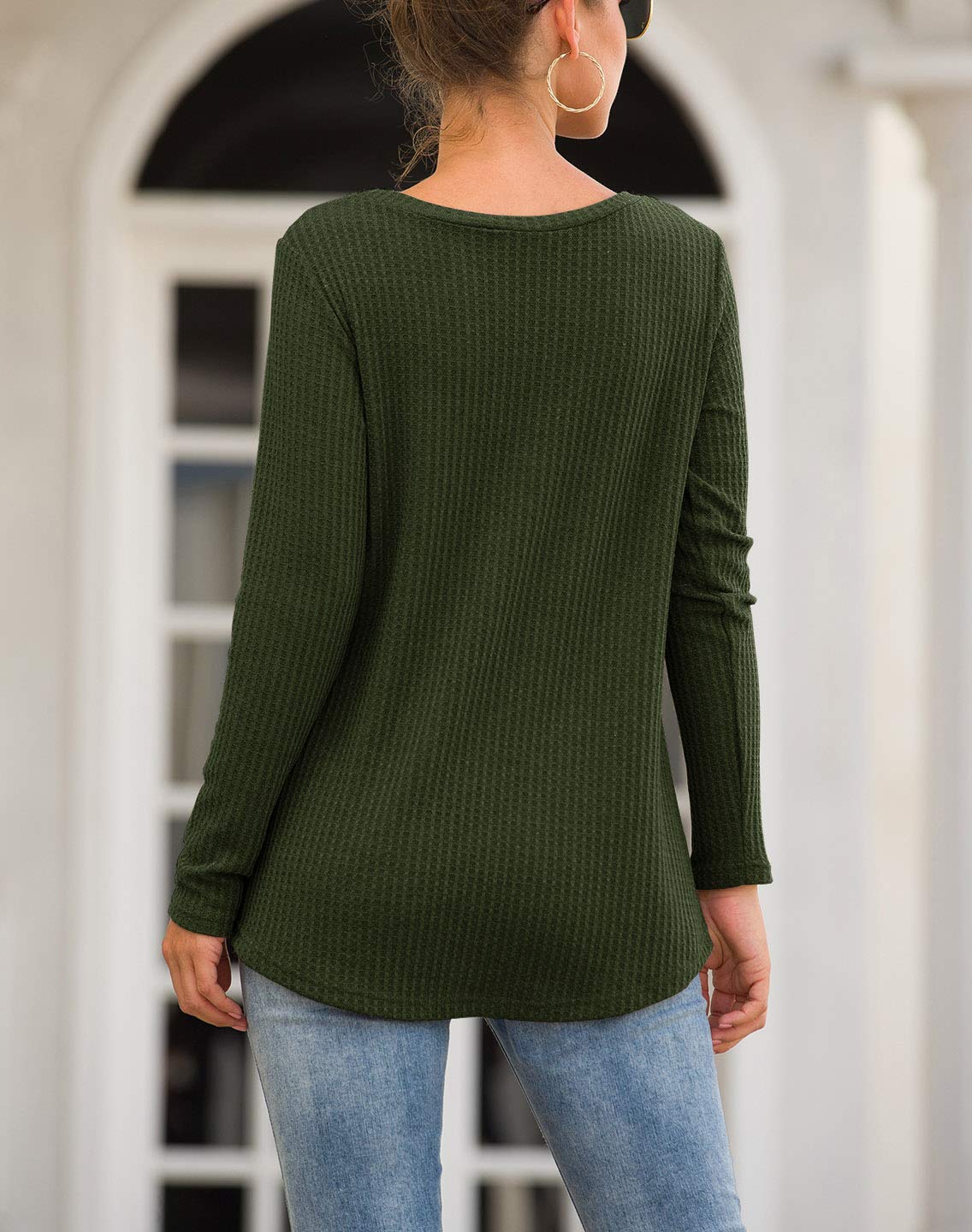 Neineiwu Women's Casual Long Sleeve Twist Knot Waffle Knit Blouse - Cute Loose Tops for Fall & Winter, Perfect for Office, Date Night and Weekend Outfits