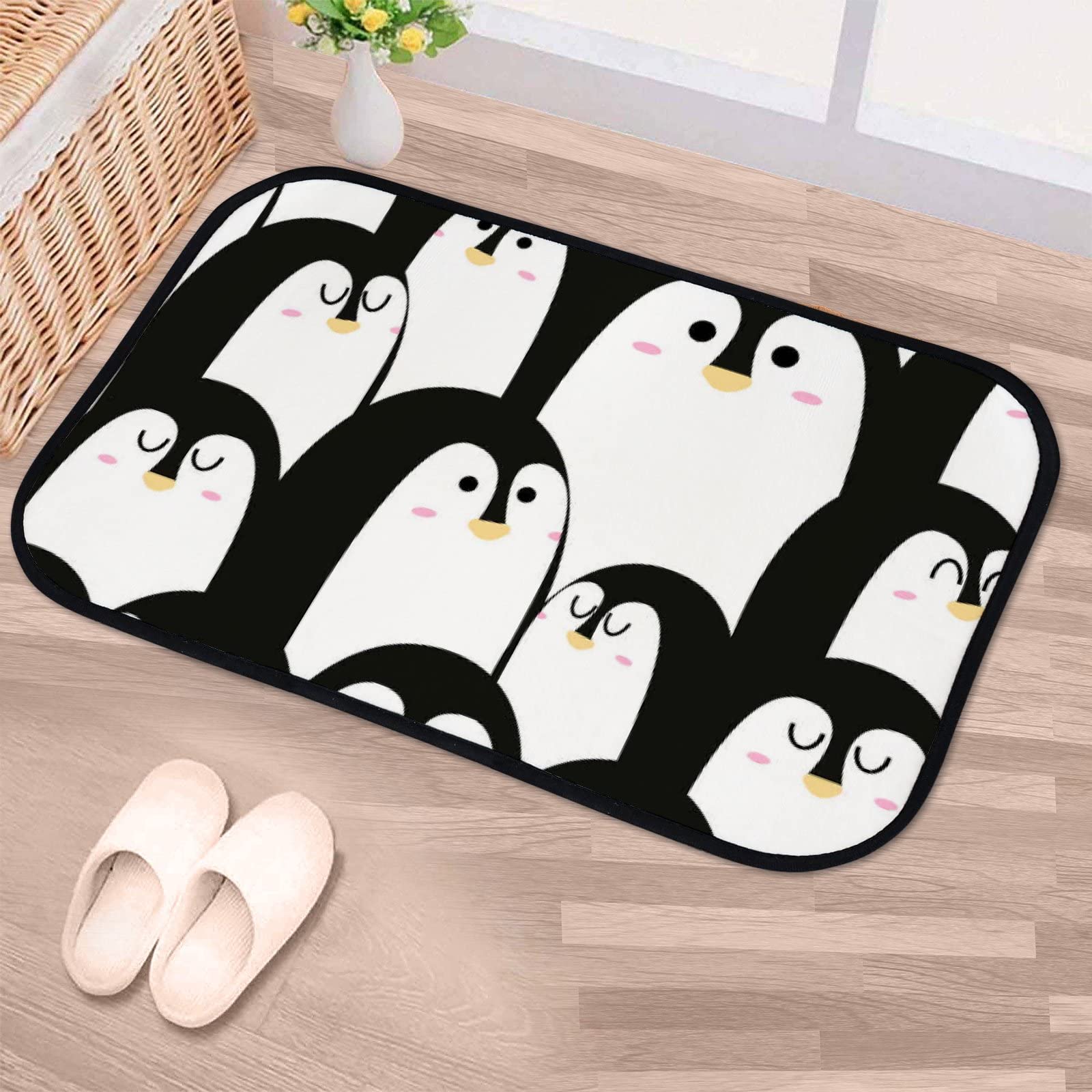 Soft Foam Non-Slip Penguin Print Area Rug - Black & White Washable Bath & Kitchen Mat for Indoor/Outdoor Use (23.6x15.7 Inches) - Perfect for Bathroom, Kitchen, Nursery & Home Decor
